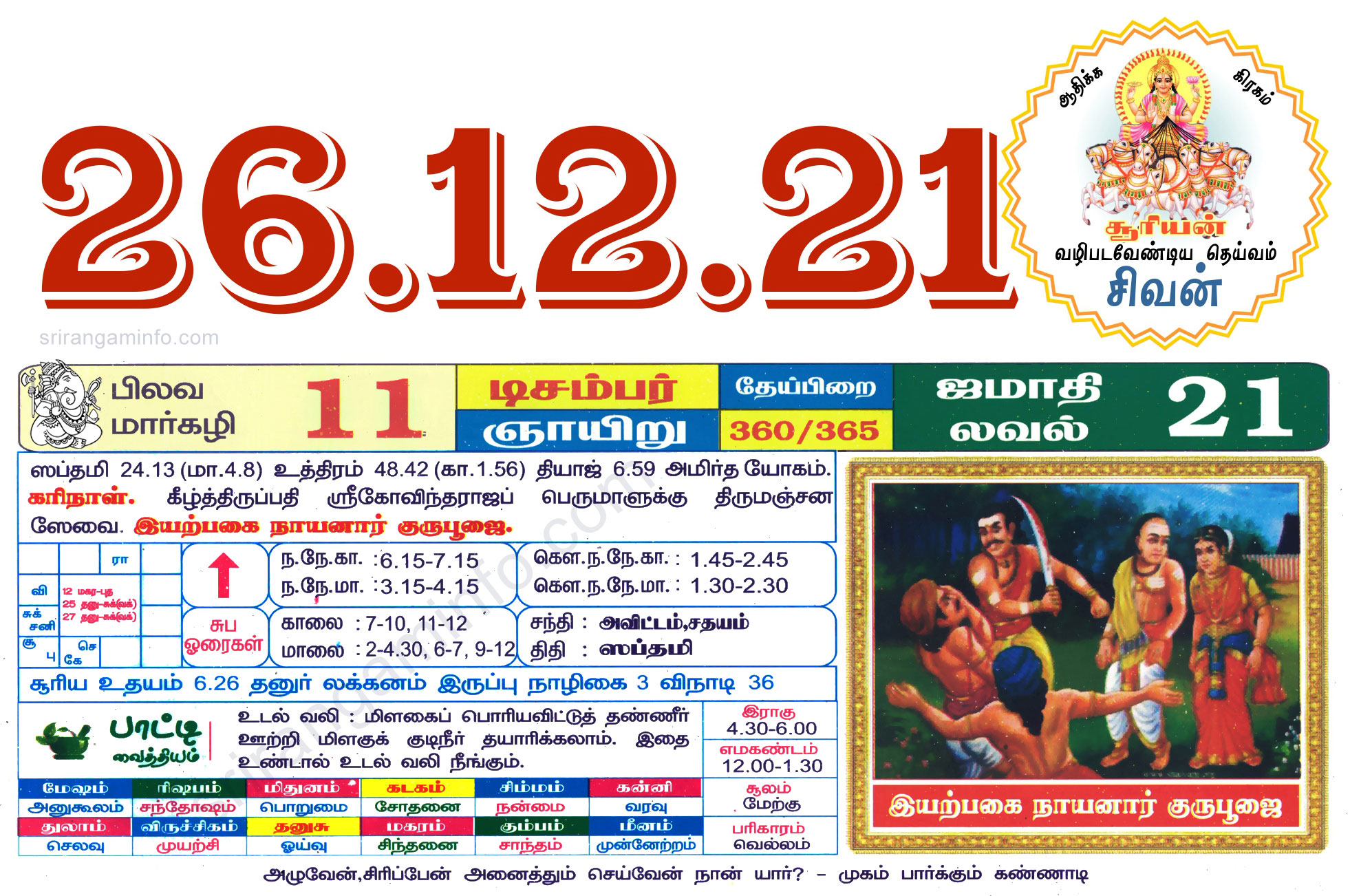 Tamil daily Calendar, Tamil Calendar