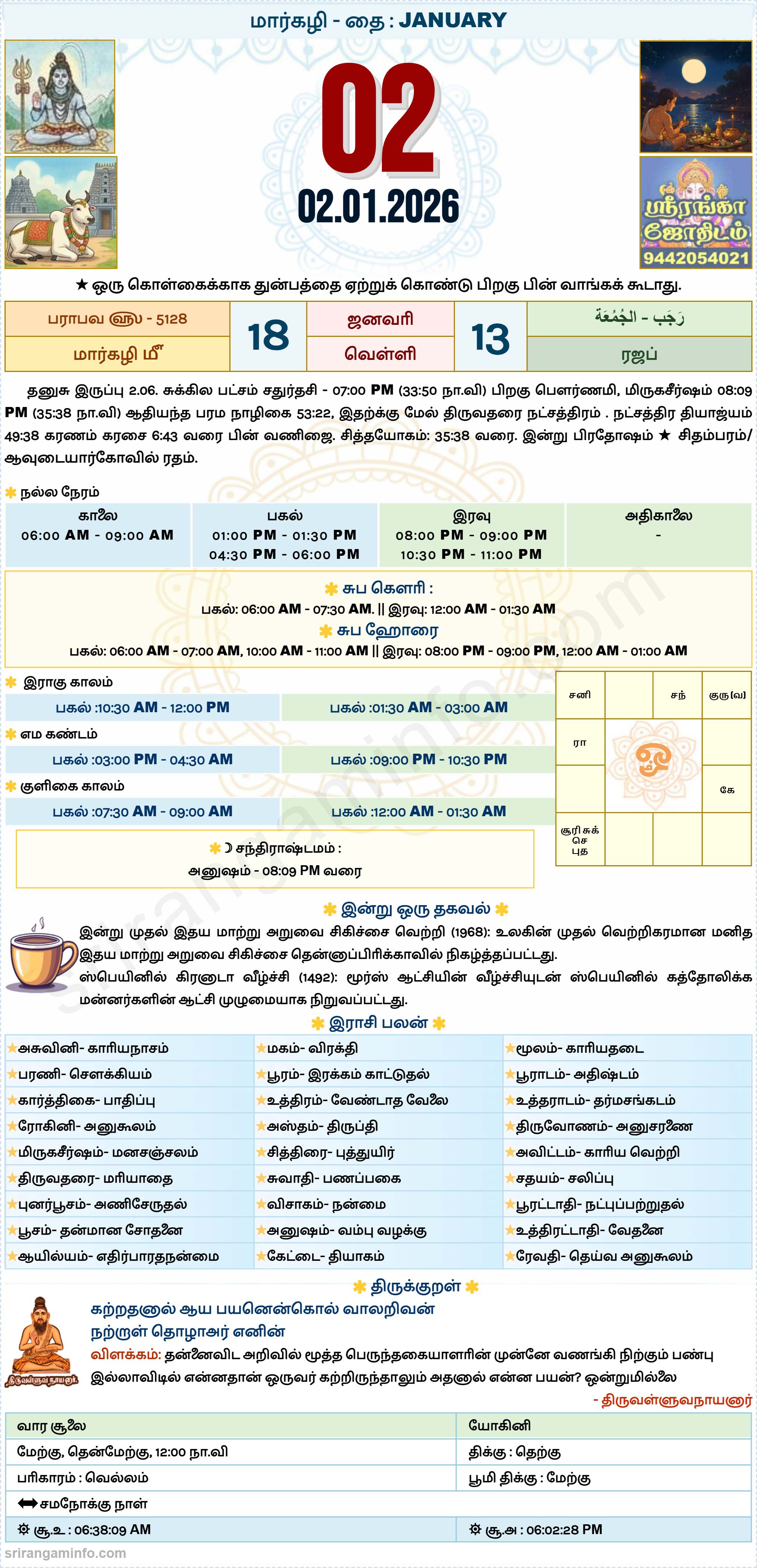 Tamil daily Calendar, Tamil Calendar