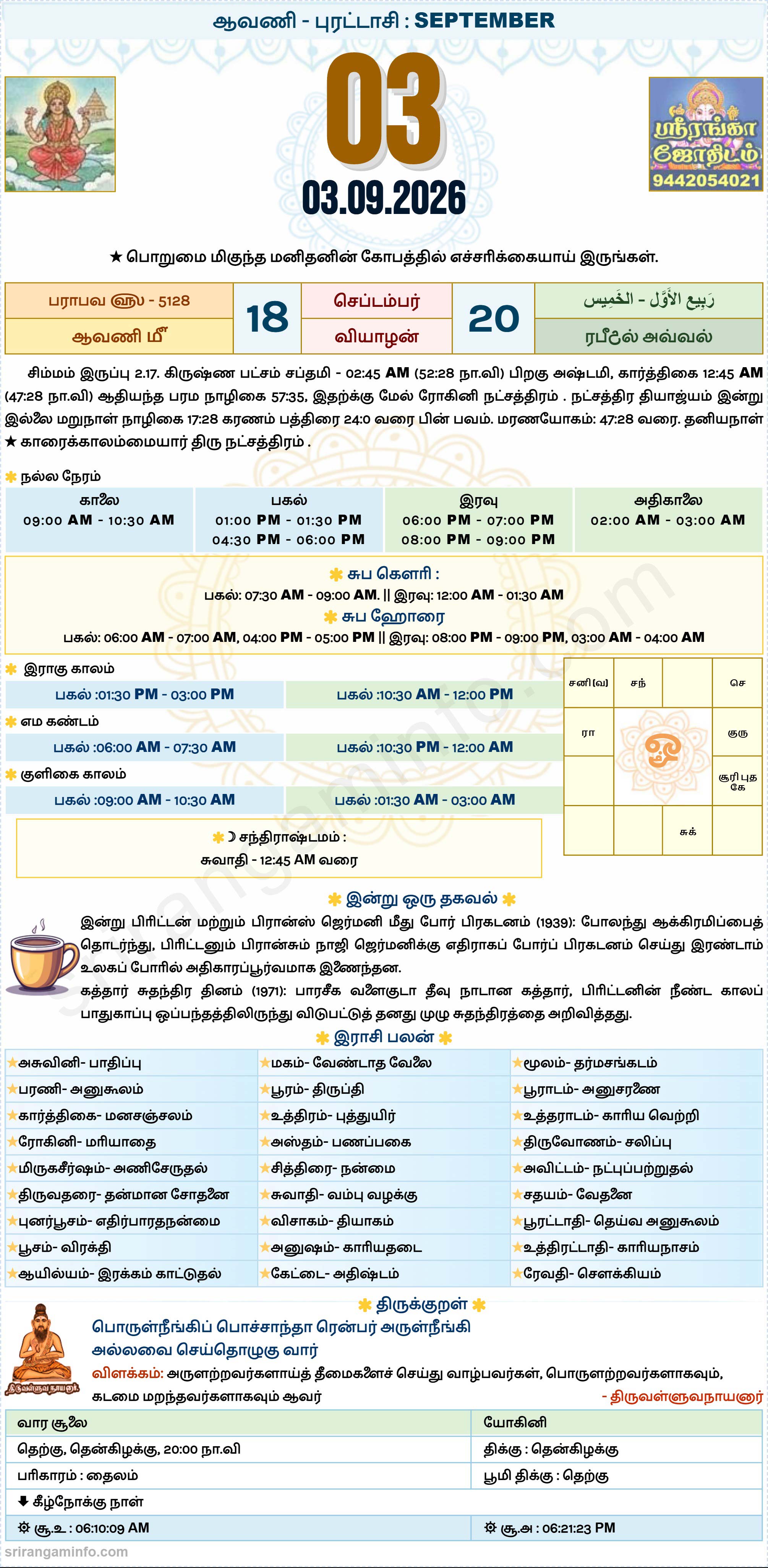 Tamil daily Calendar, Tamil Calendar