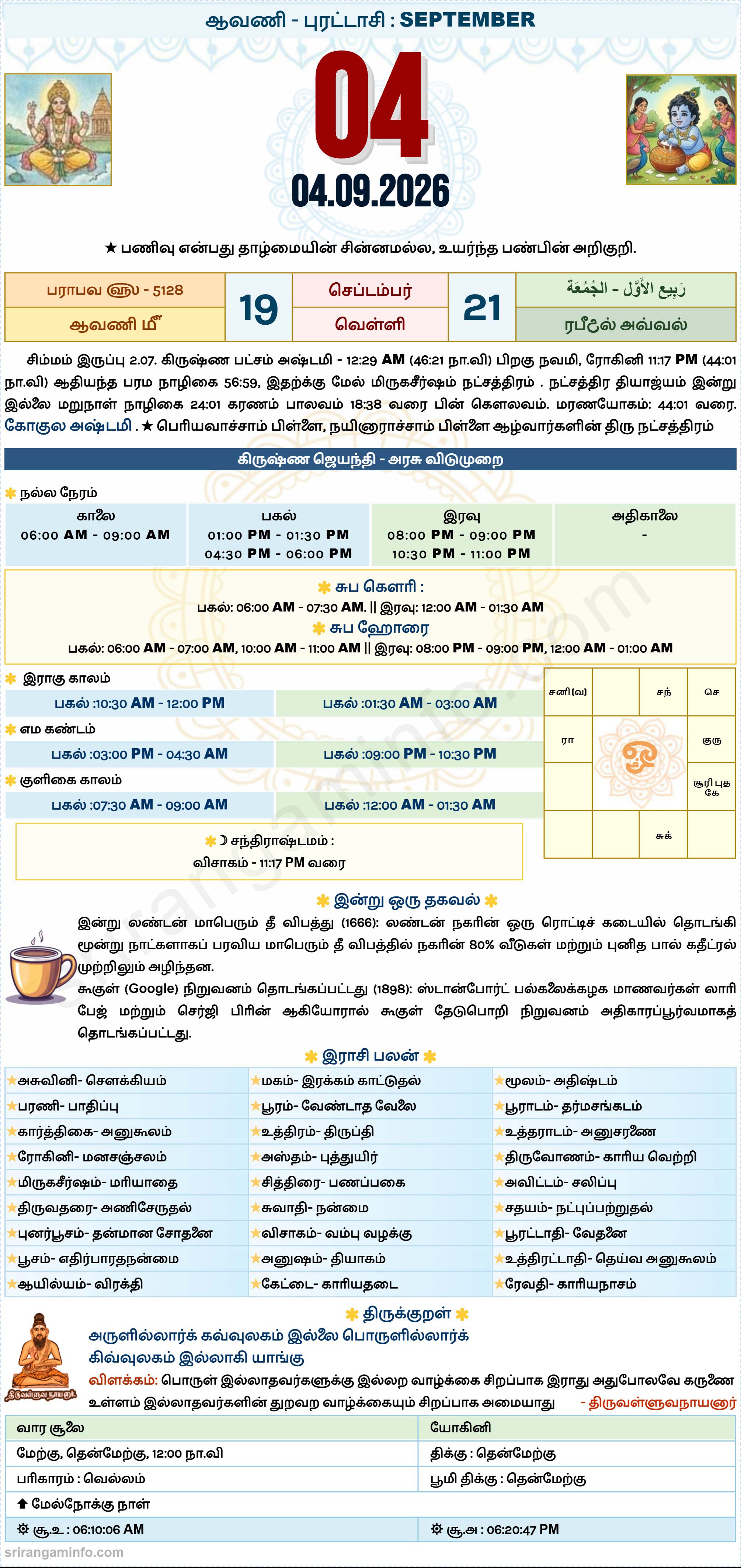 Tamil daily Calendar, Tamil Calendar