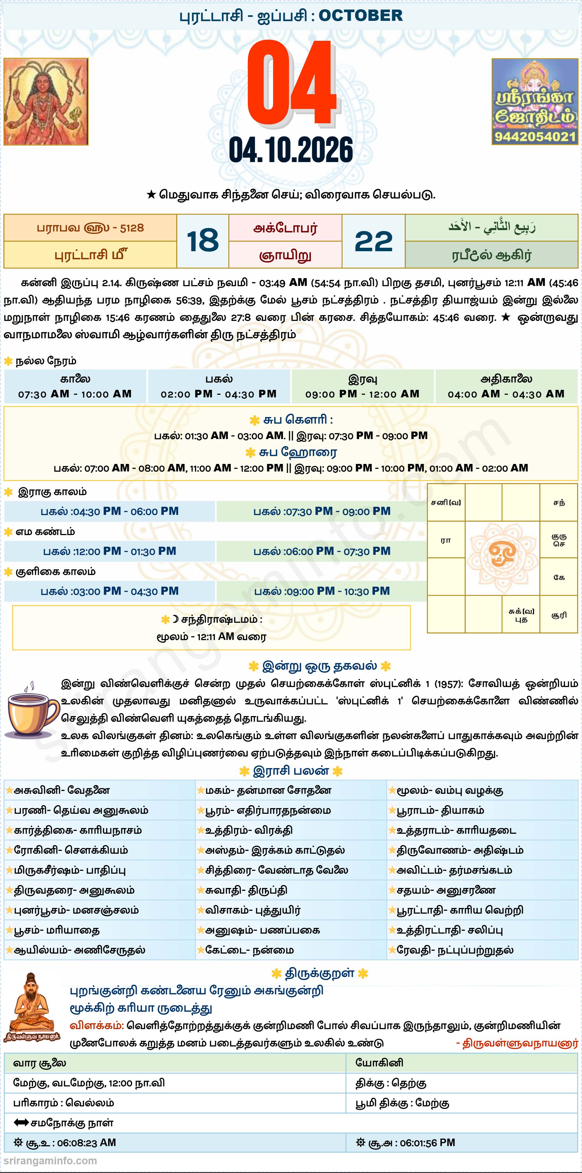 Tamil daily Calendar, Tamil Calendar