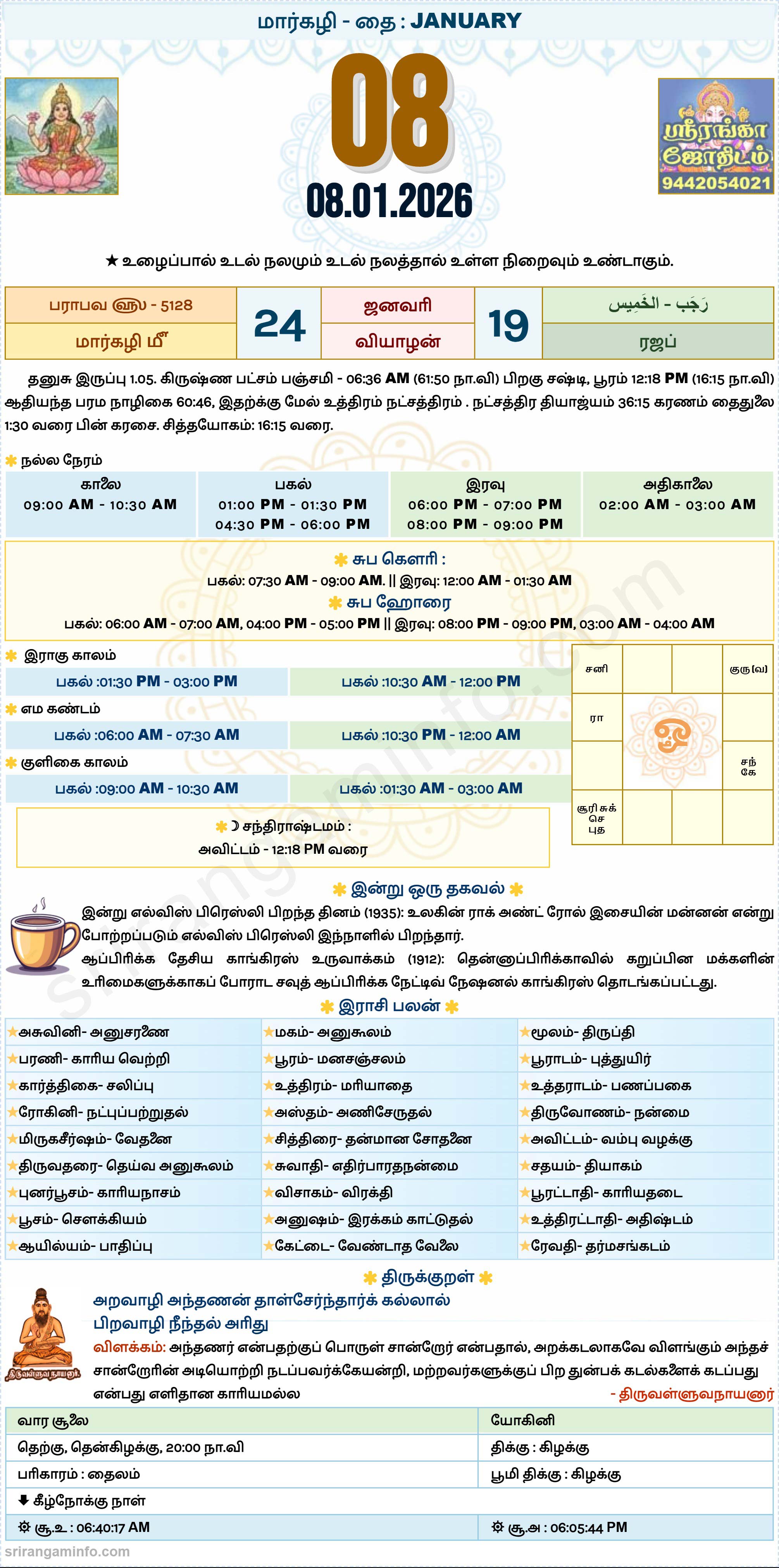 Tamil daily Calendar, Tamil Calendar