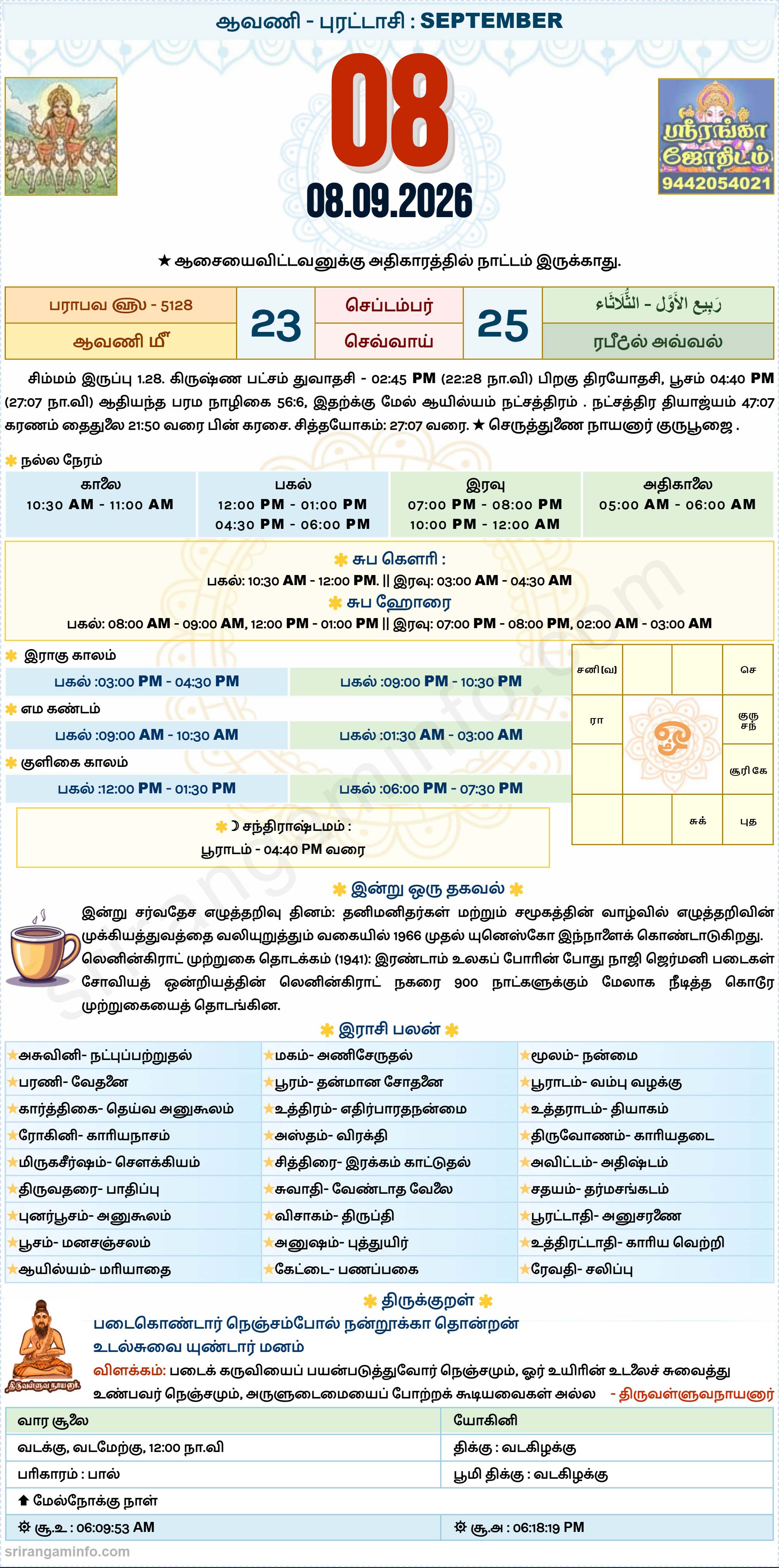 Tamil daily Calendar, Tamil Calendar