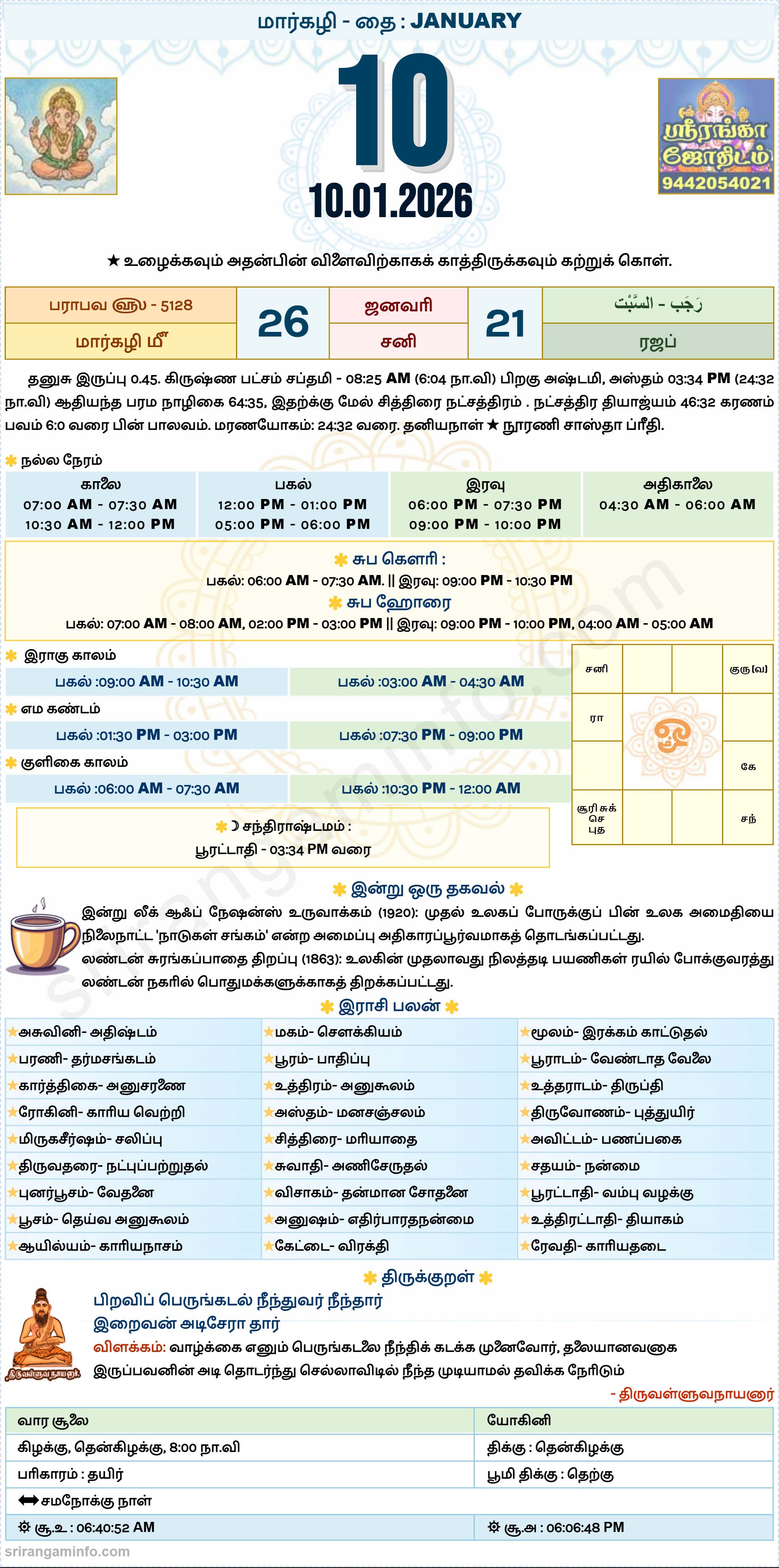 Tamil daily Calendar, Tamil Calendar