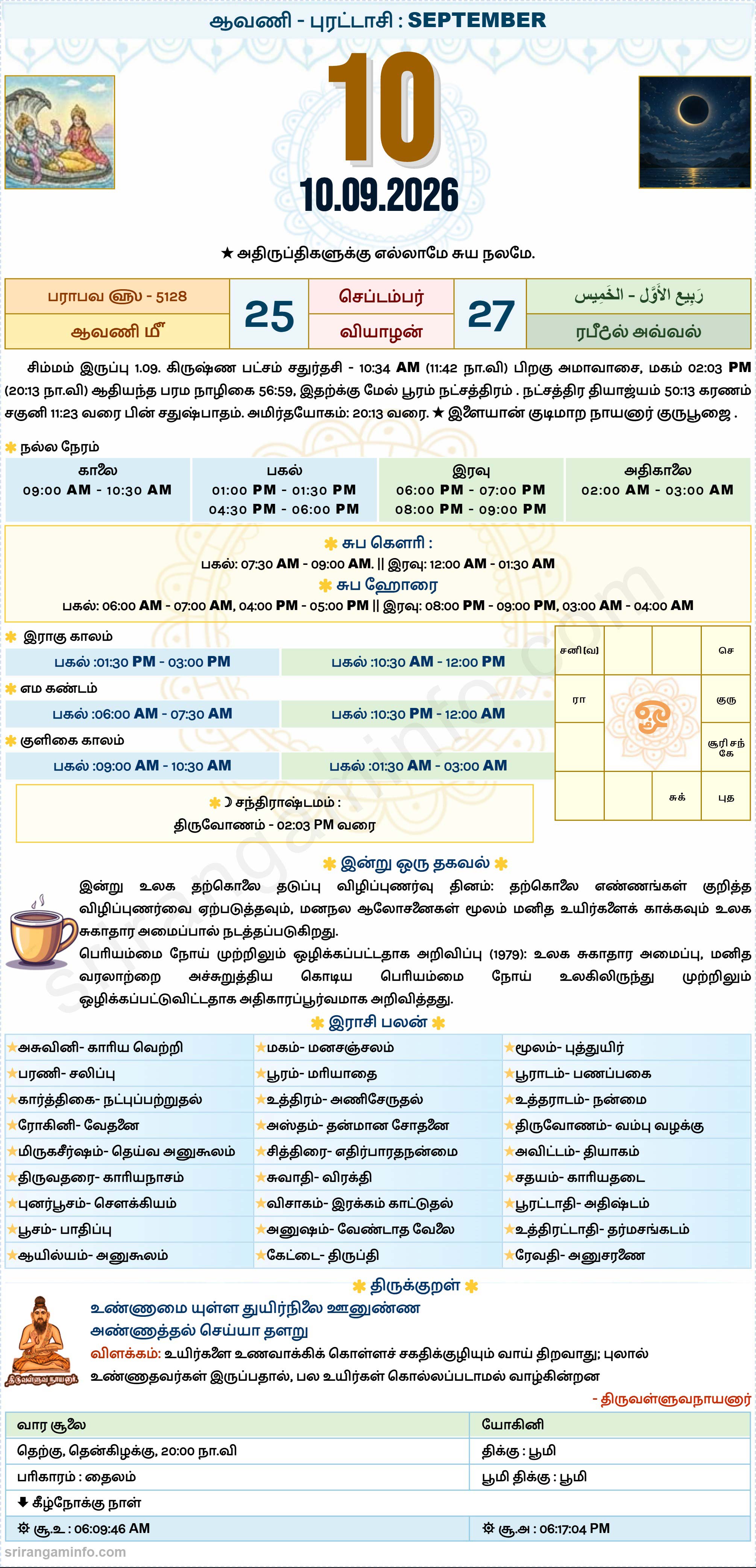 Tamil daily Calendar, Tamil Calendar