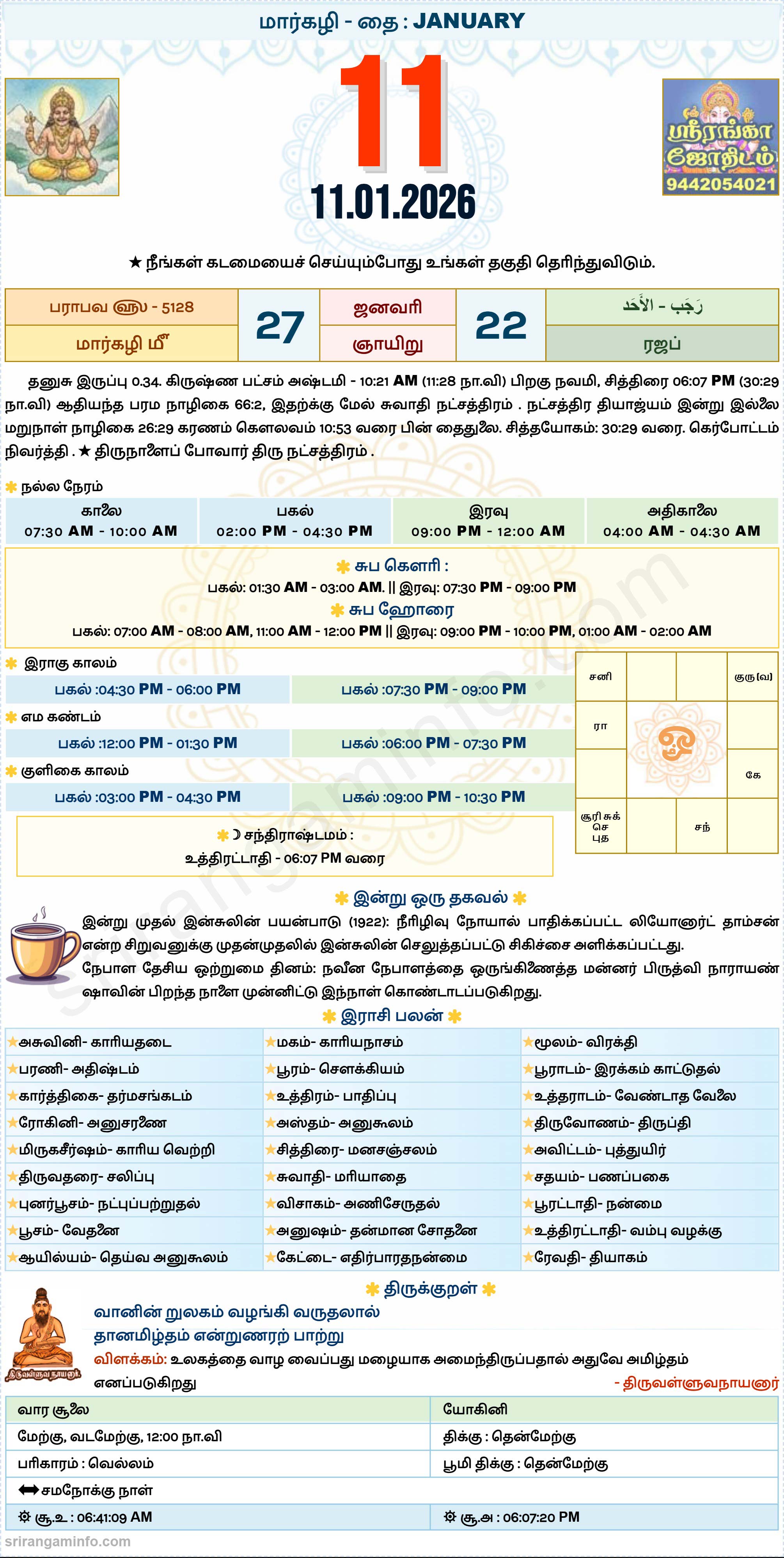 Tamil daily Calendar, Tamil Calendar