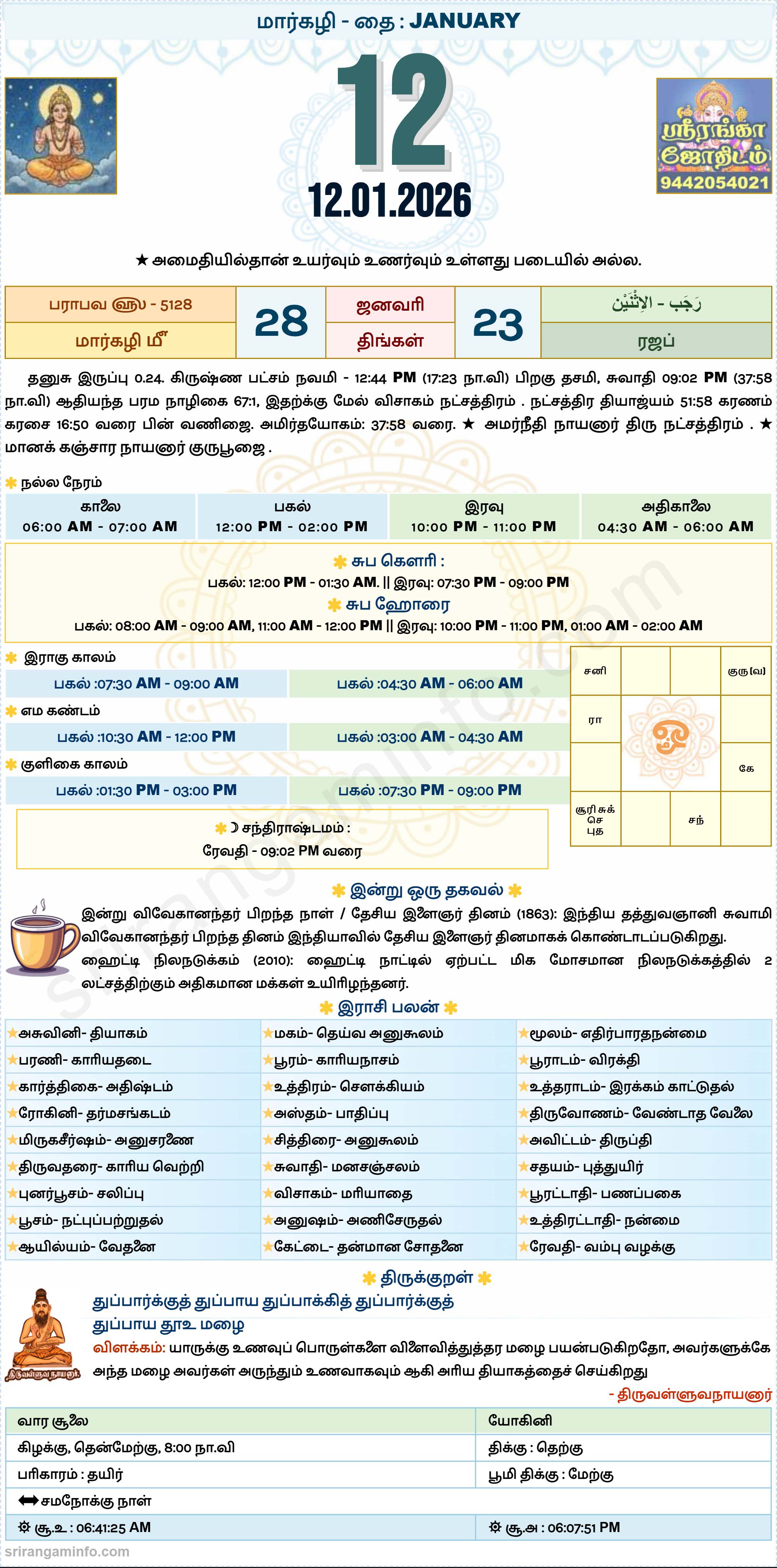 Tamil daily Calendar, Tamil Calendar