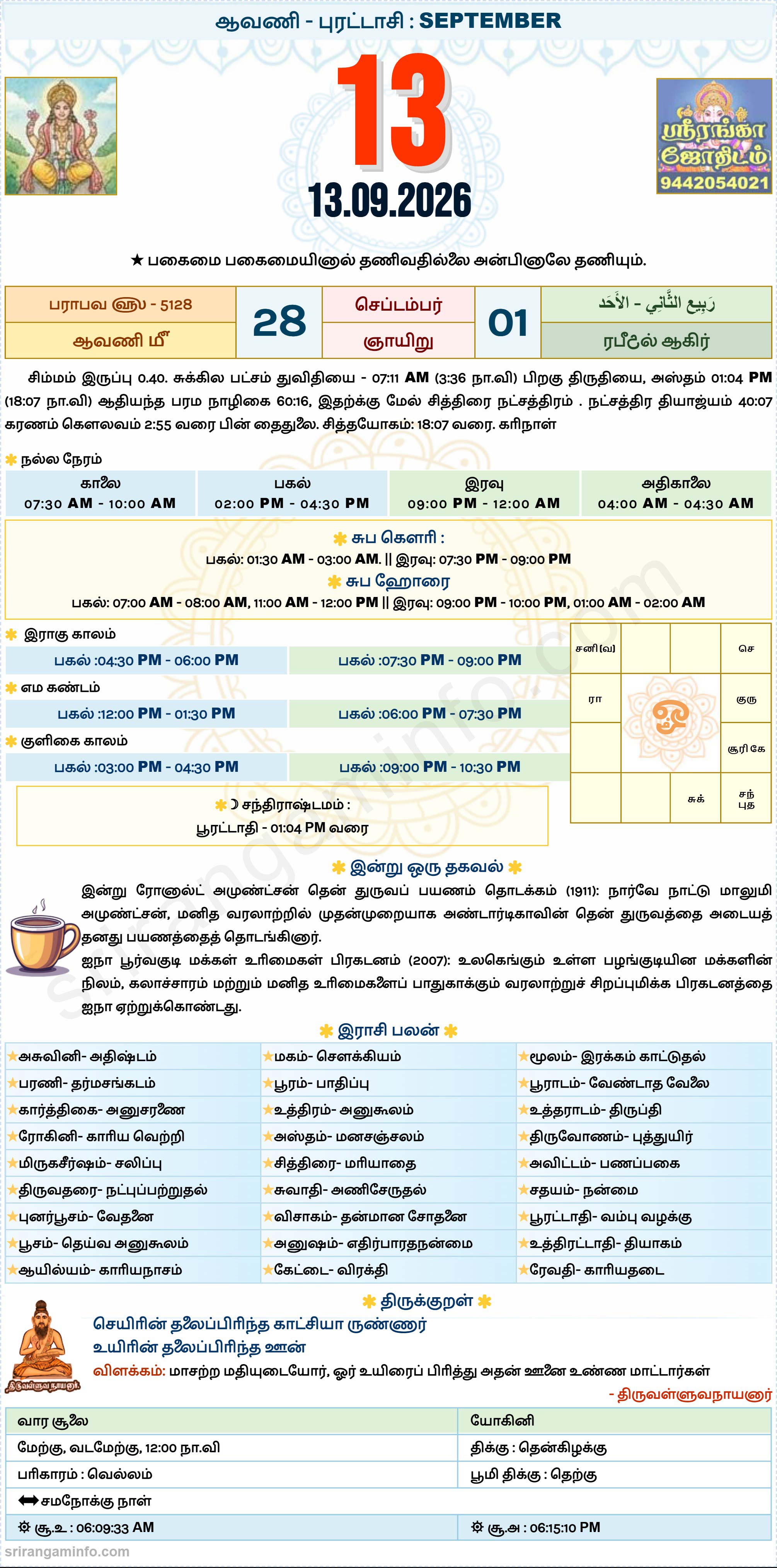 Tamil daily Calendar, Tamil Calendar