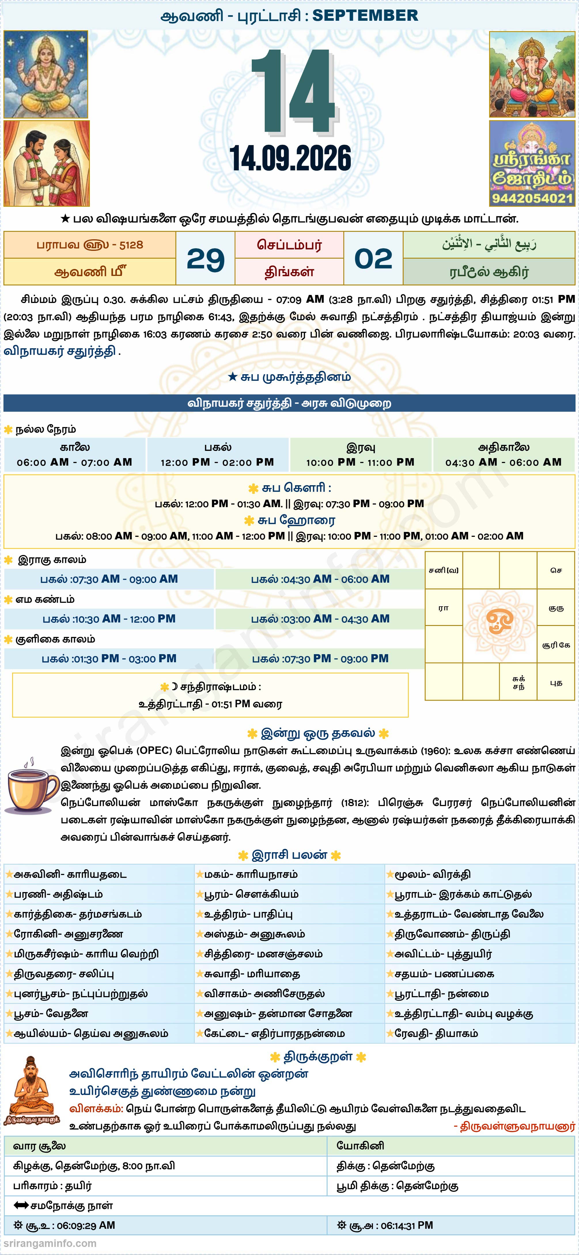Tamil daily Calendar, Tamil Calendar