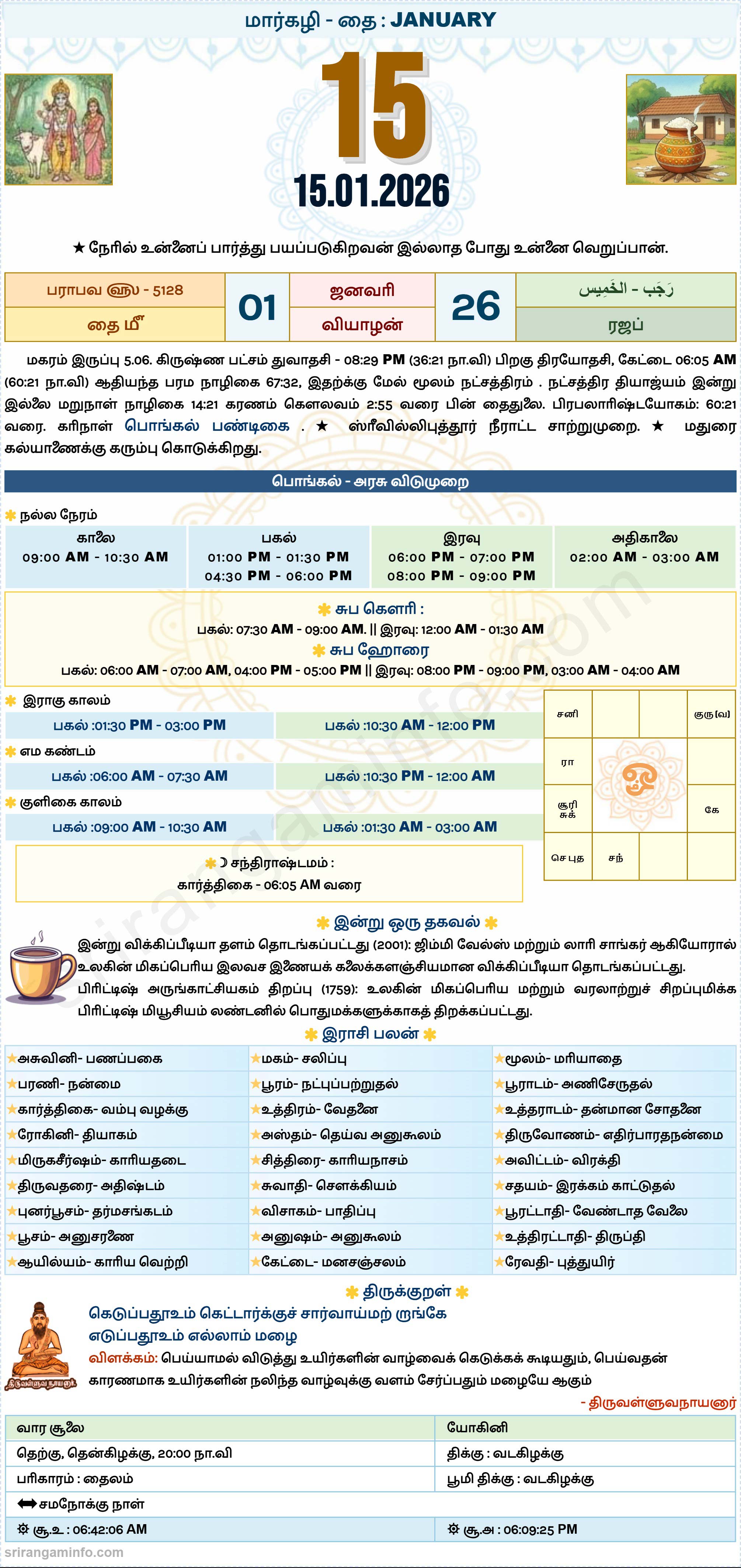 Tamil daily Calendar, Tamil Calendar
