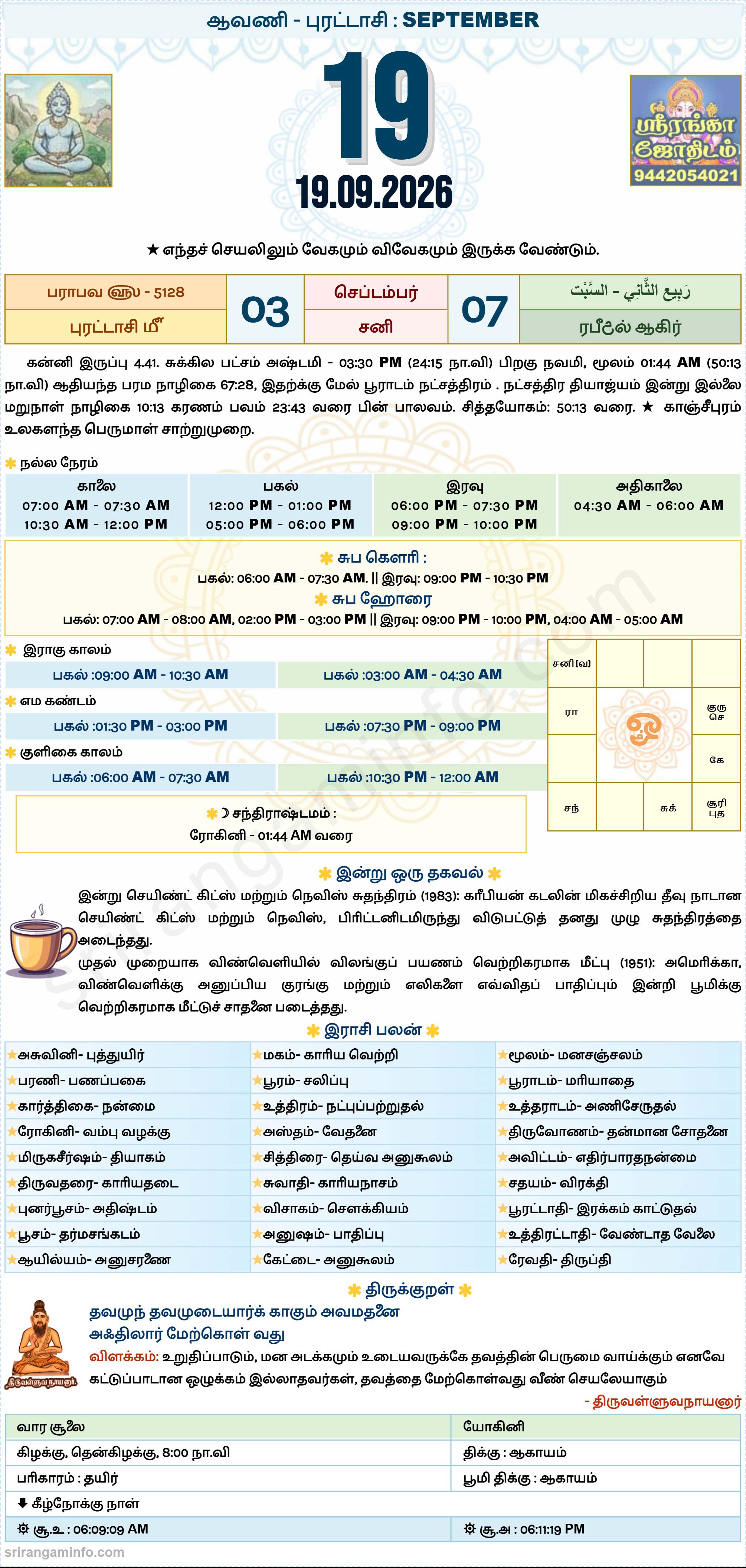 Tamil daily Calendar, Tamil Calendar