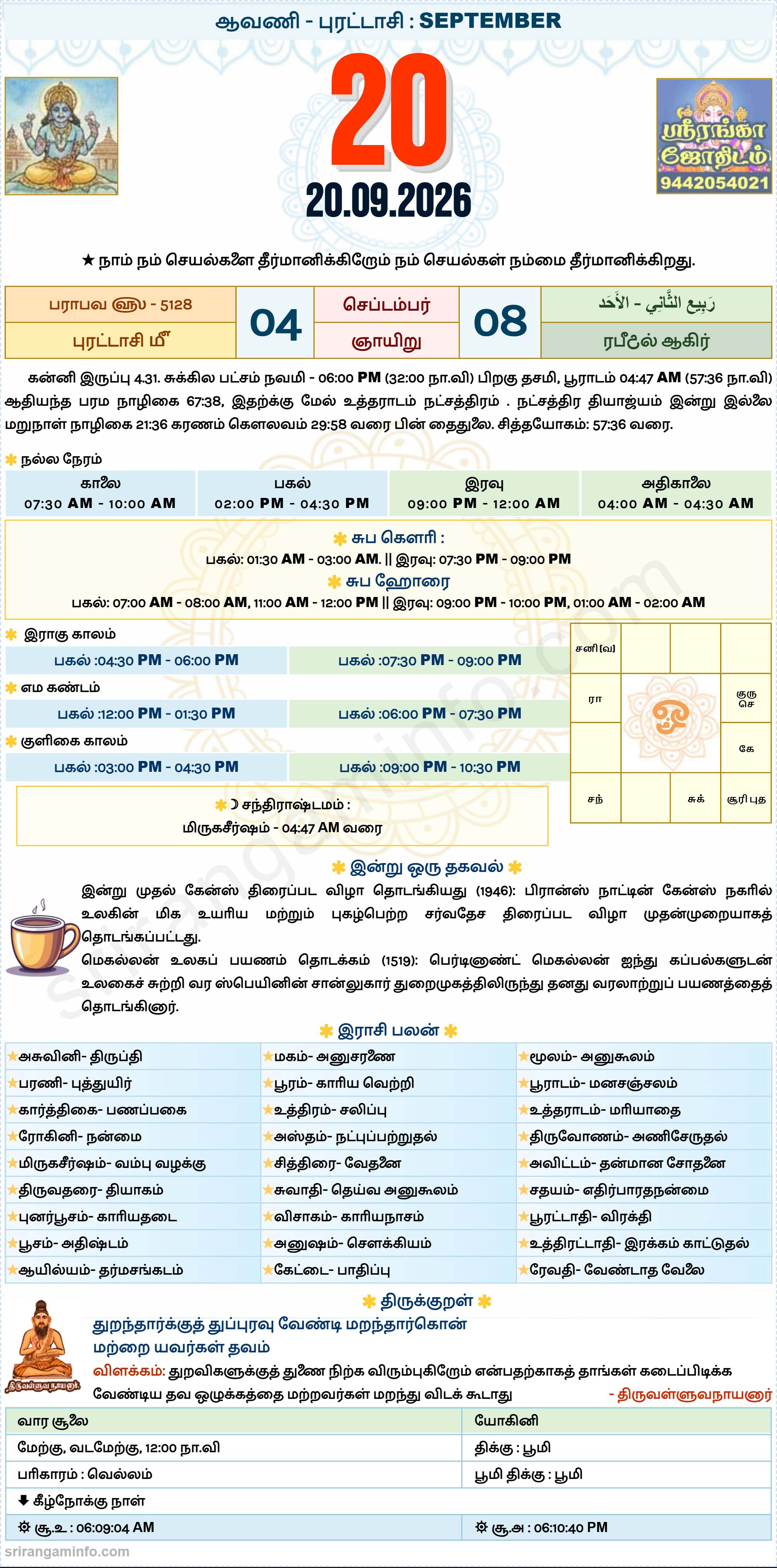 Tamil daily Calendar, Tamil Calendar