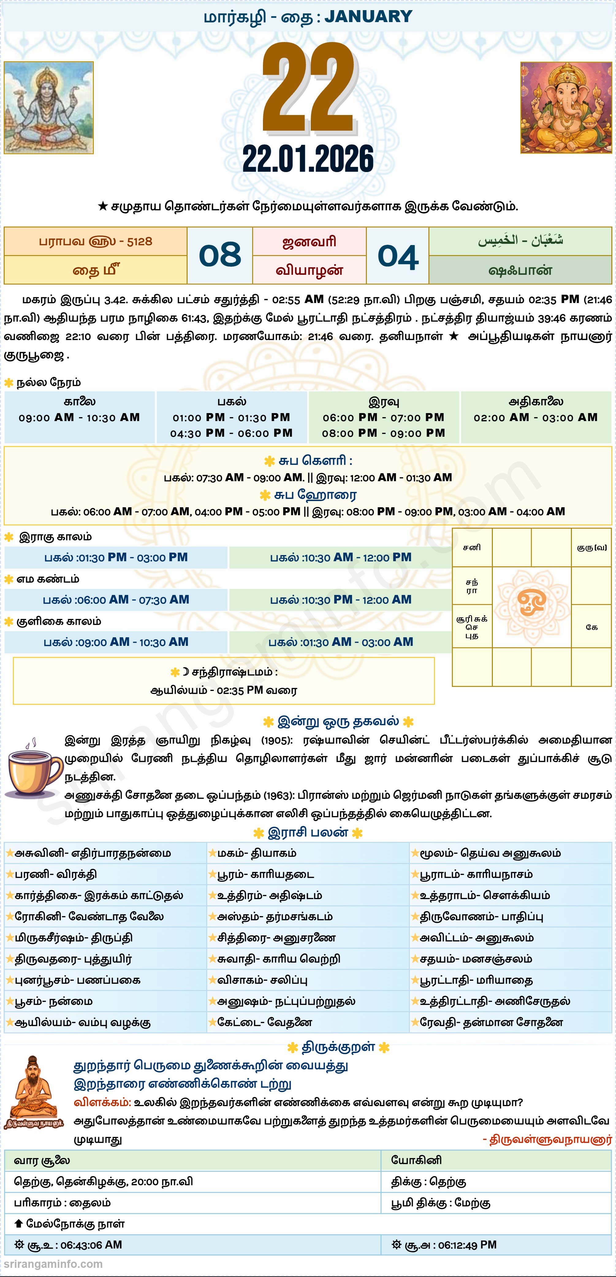 Tamil daily Calendar, Tamil Calendar
