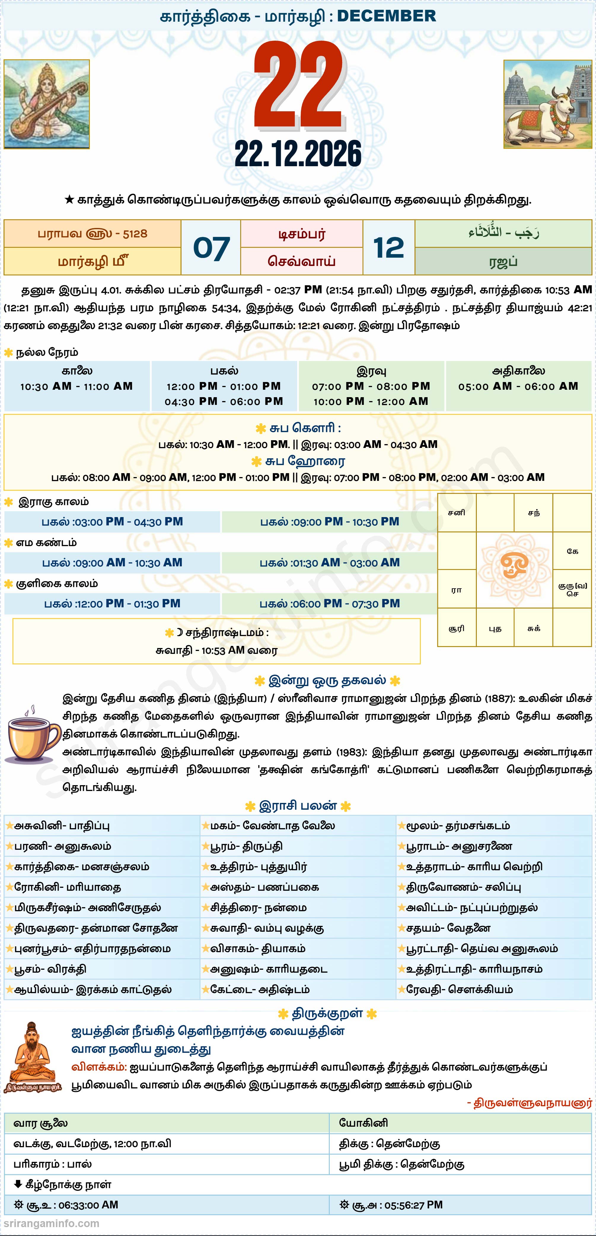 Tamil daily Calendar, Tamil Calendar