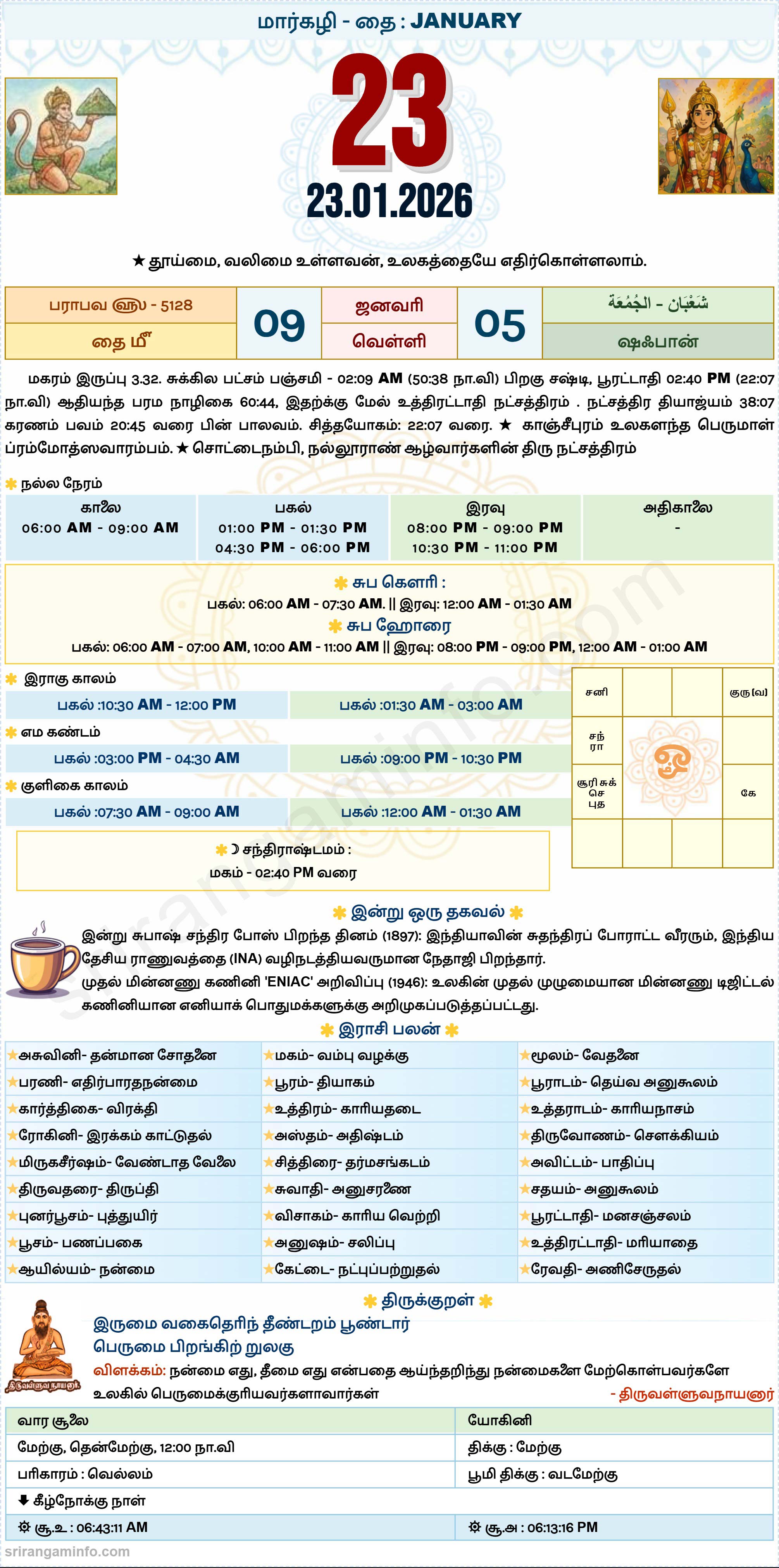 Tamil daily Calendar, Tamil Calendar