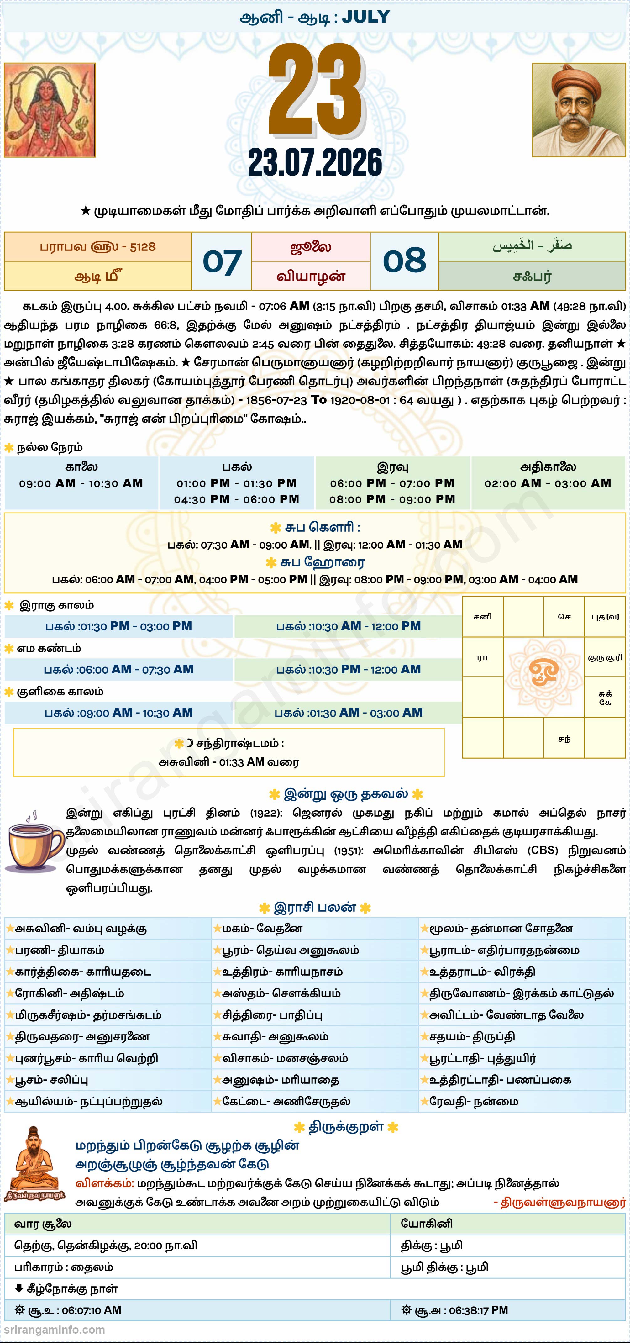 Tamil daily Calendar, Tamil Calendar