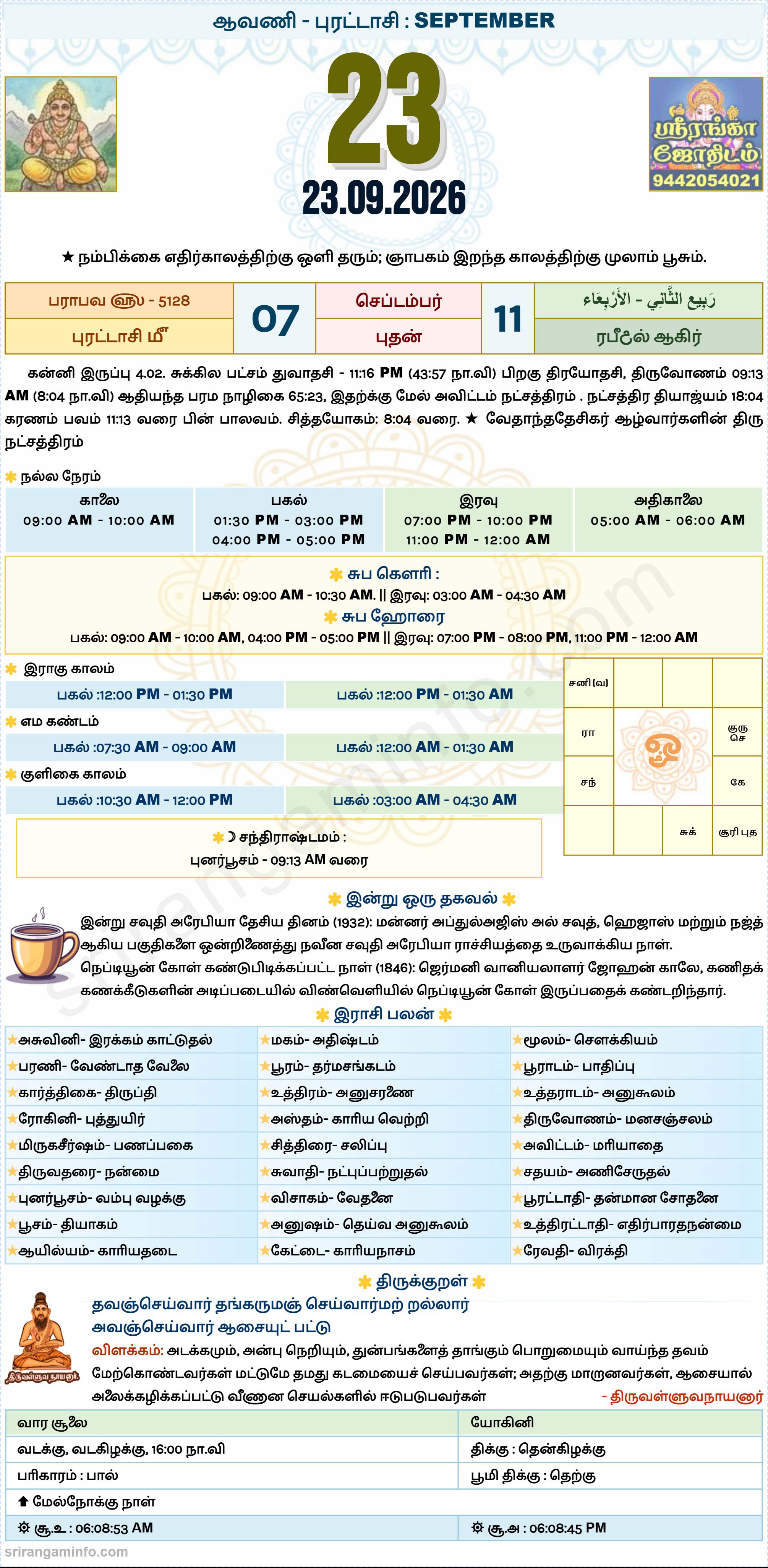 Tamil daily Calendar, Tamil Calendar
