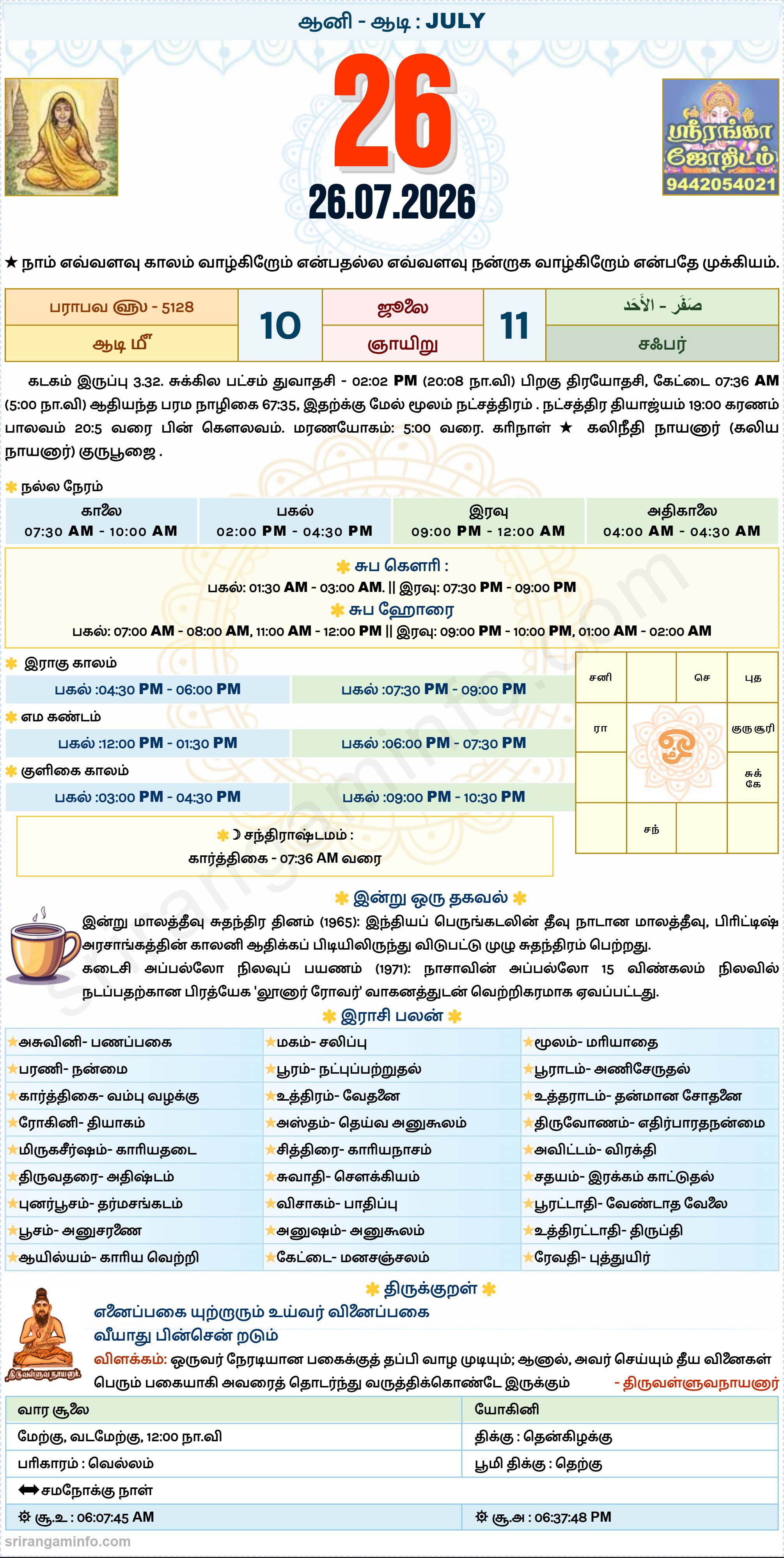 Tamil daily Calendar, Tamil Calendar