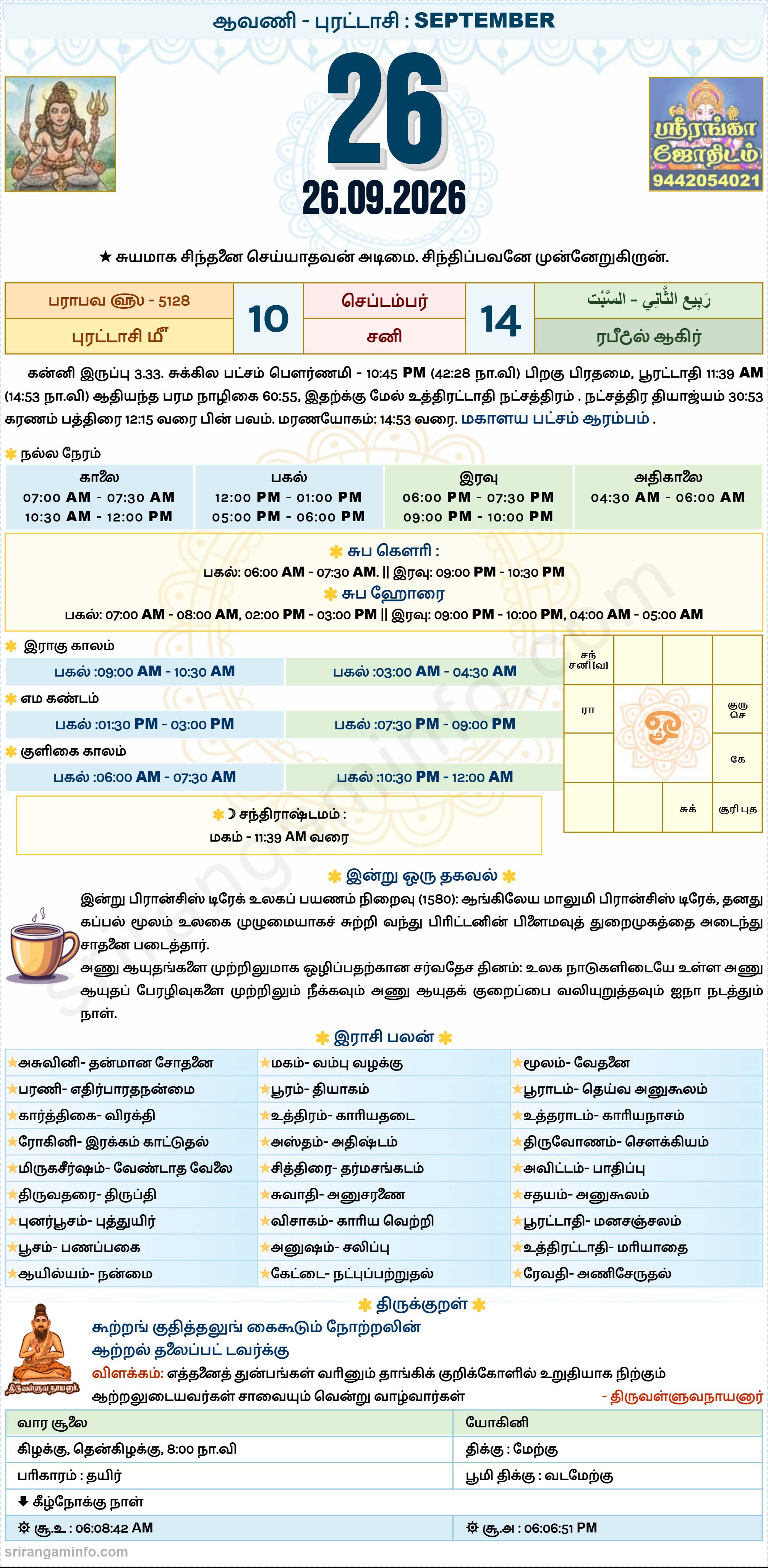 Tamil daily Calendar, Tamil Calendar