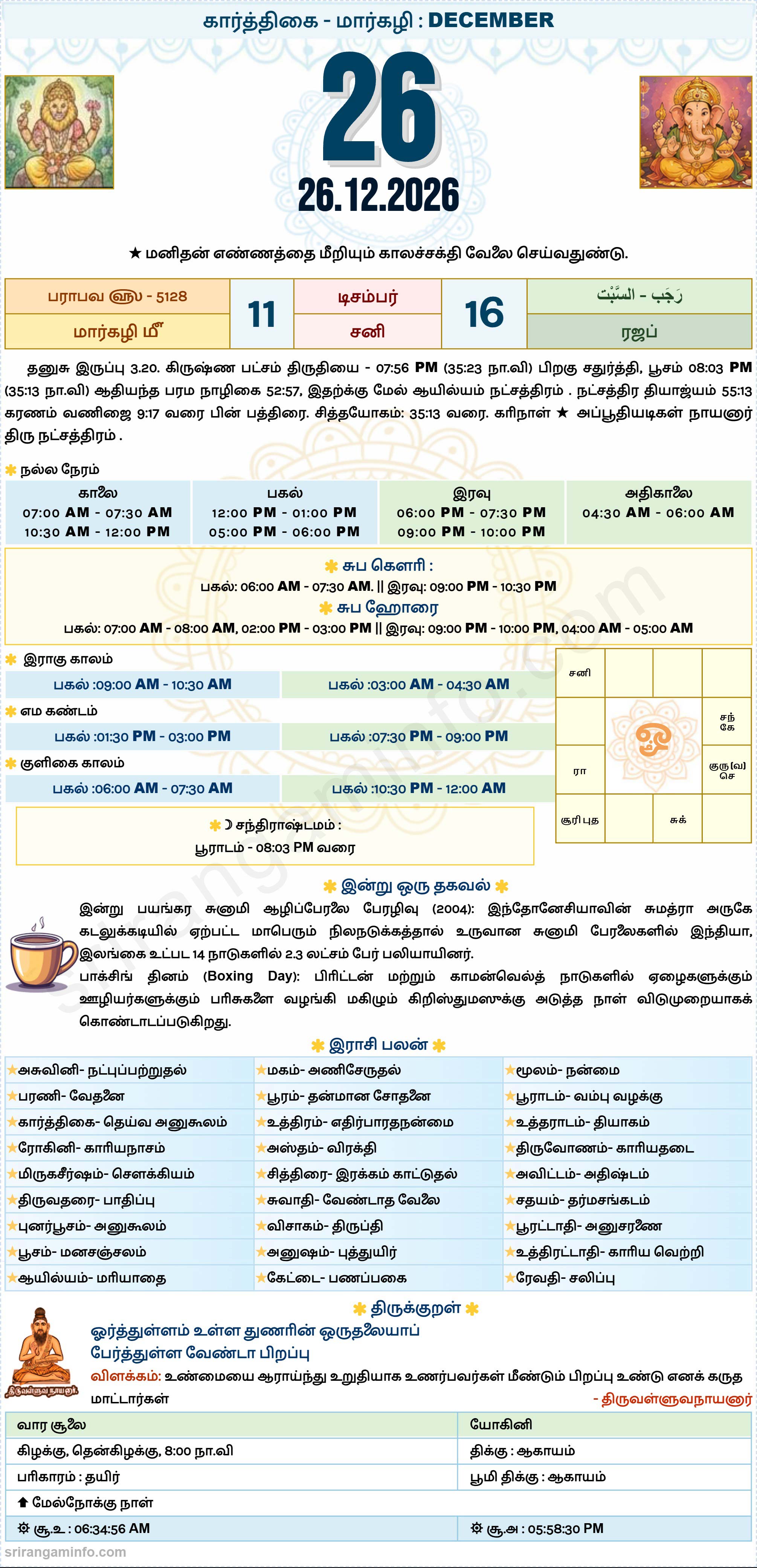 Tamil daily Calendar, Tamil Calendar