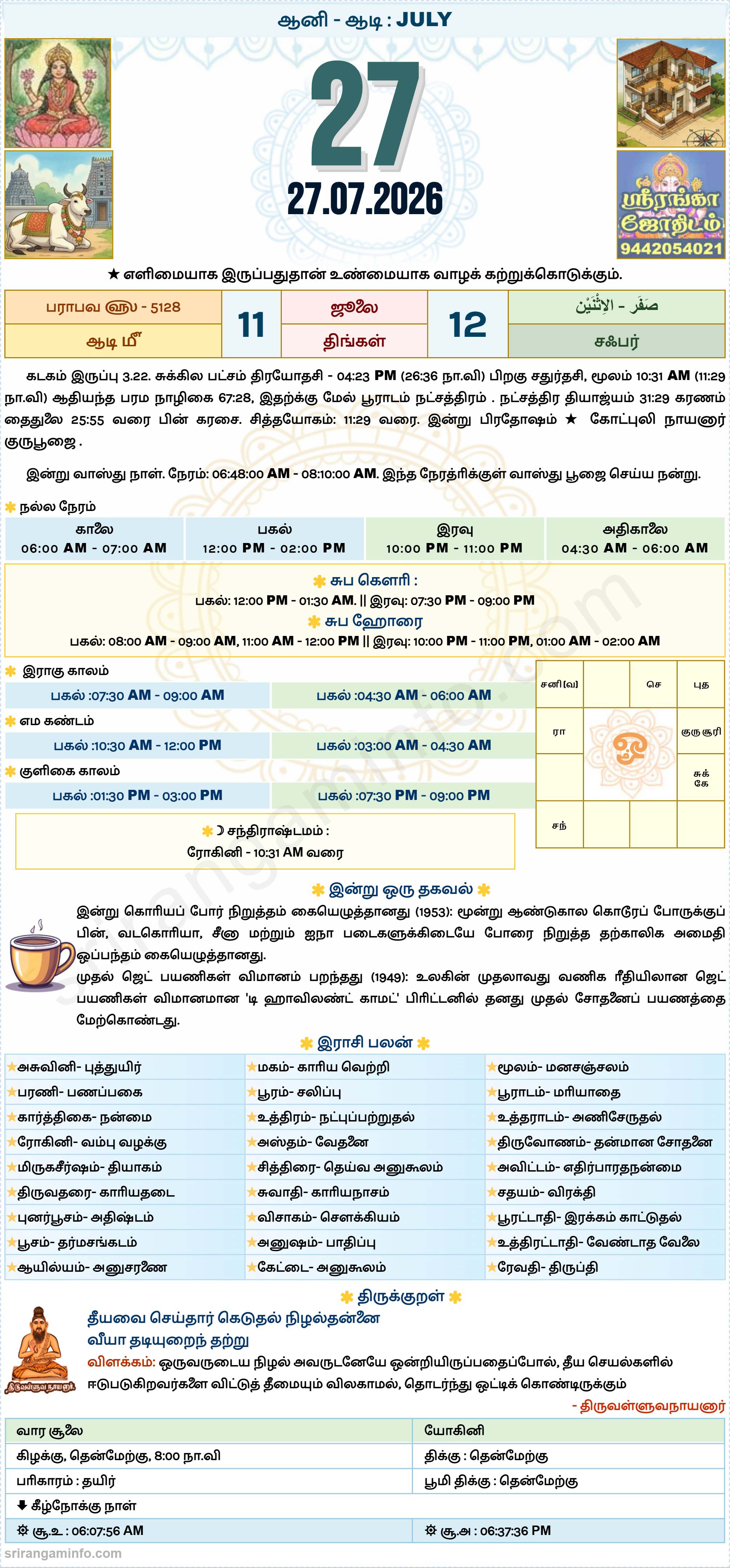 Tamil daily Calendar, Tamil Calendar