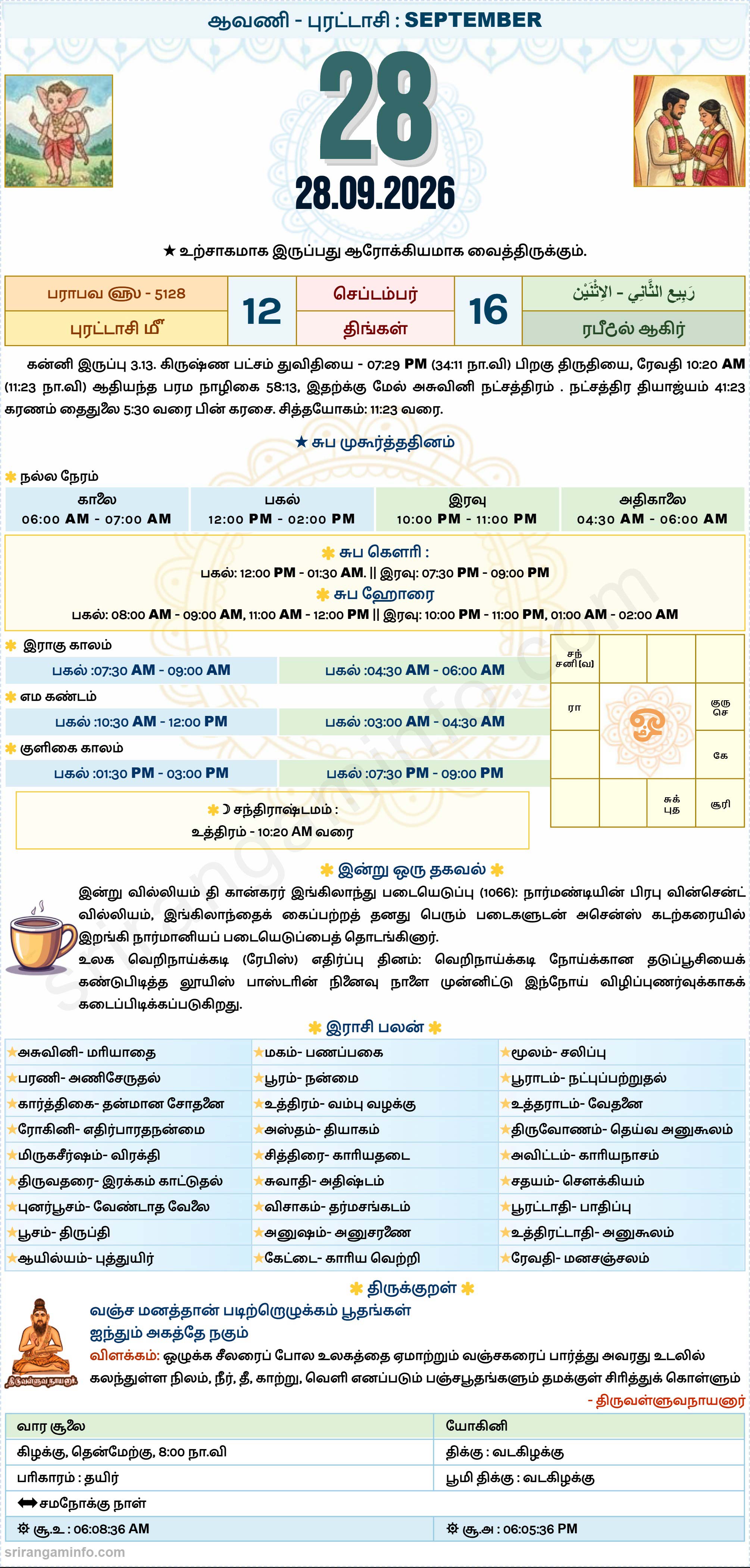 Tamil daily Calendar, Tamil Calendar
