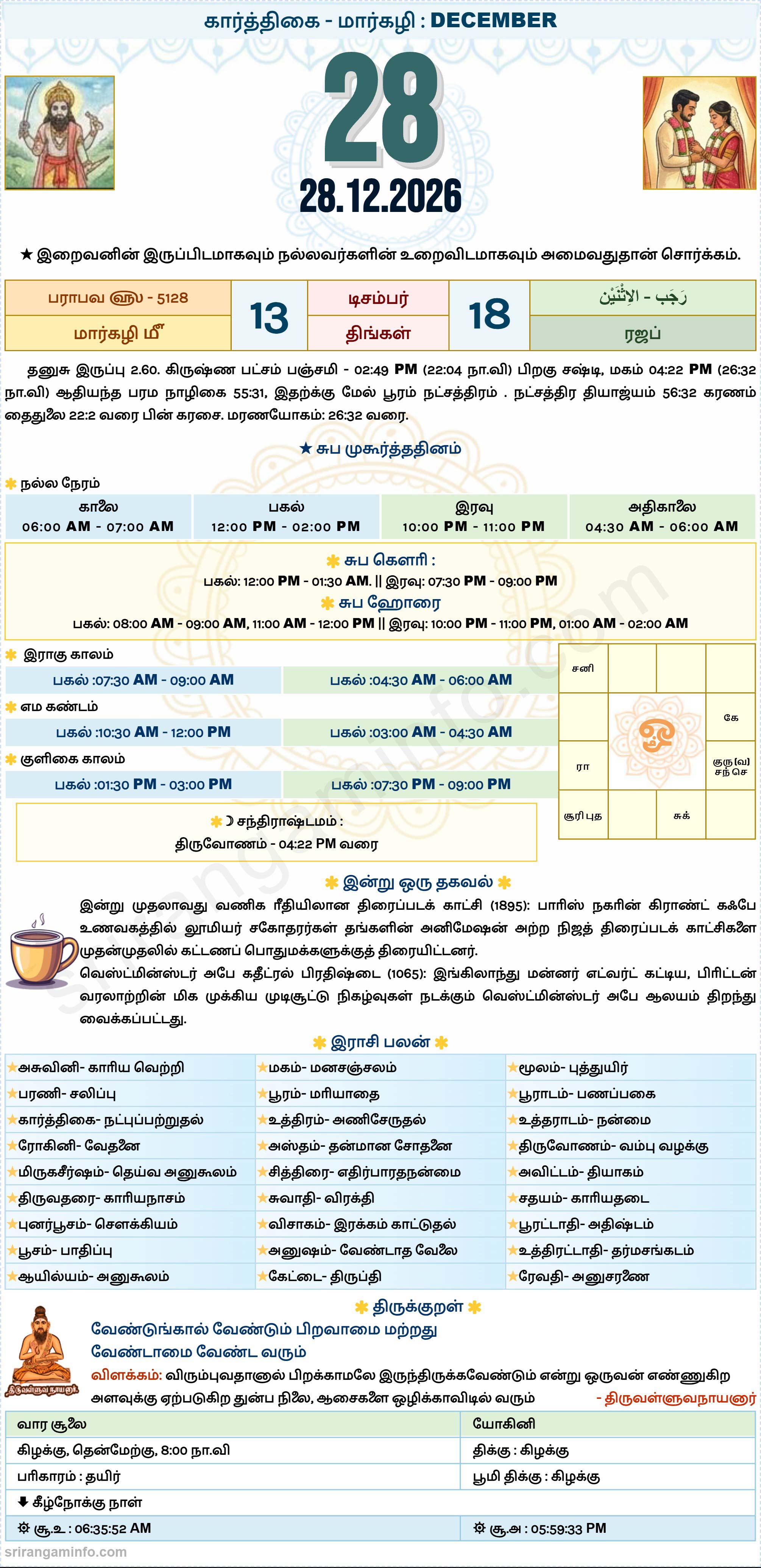 Tamil daily Calendar, Tamil Calendar