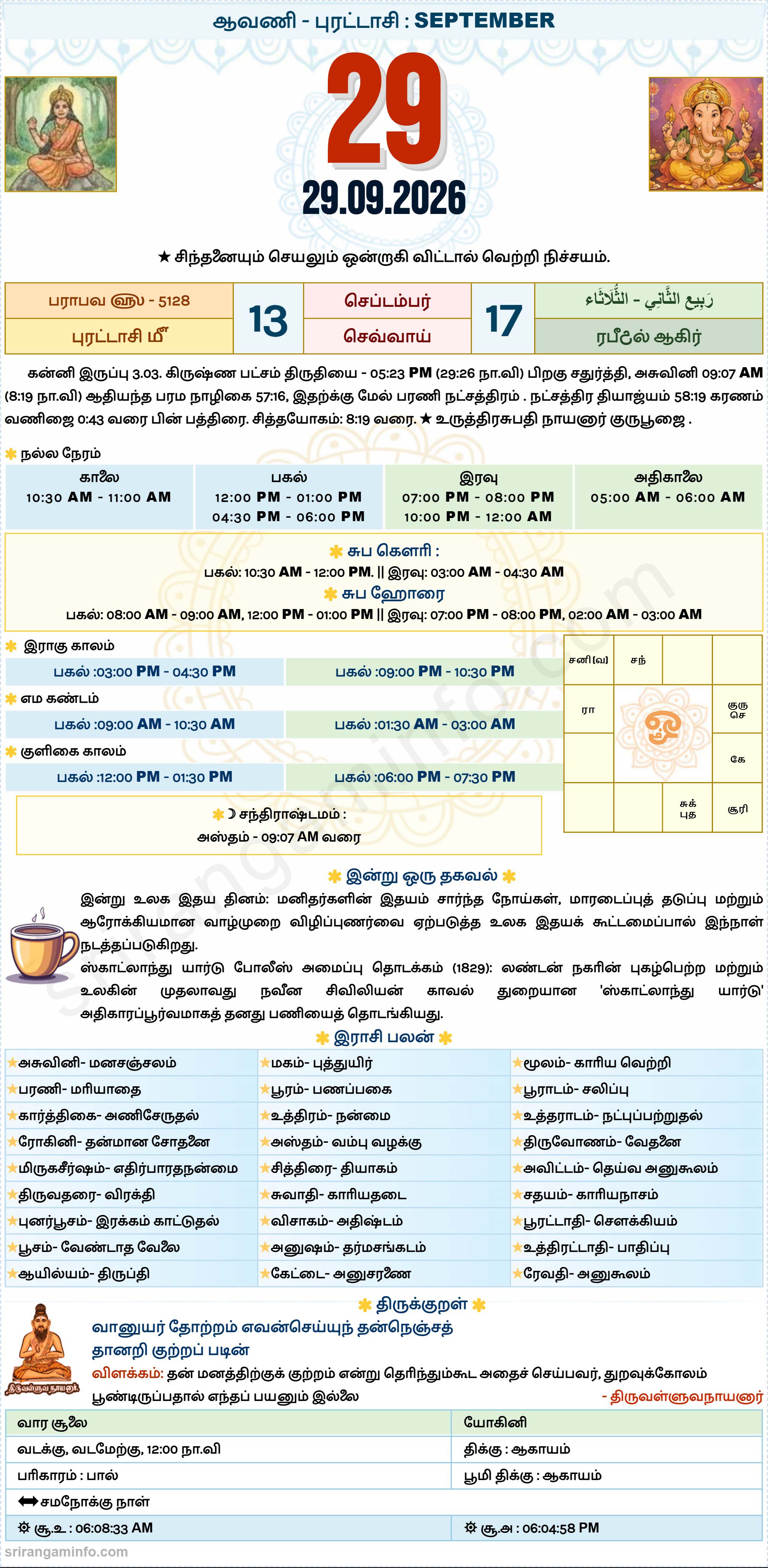 Tamil daily Calendar, Tamil Calendar