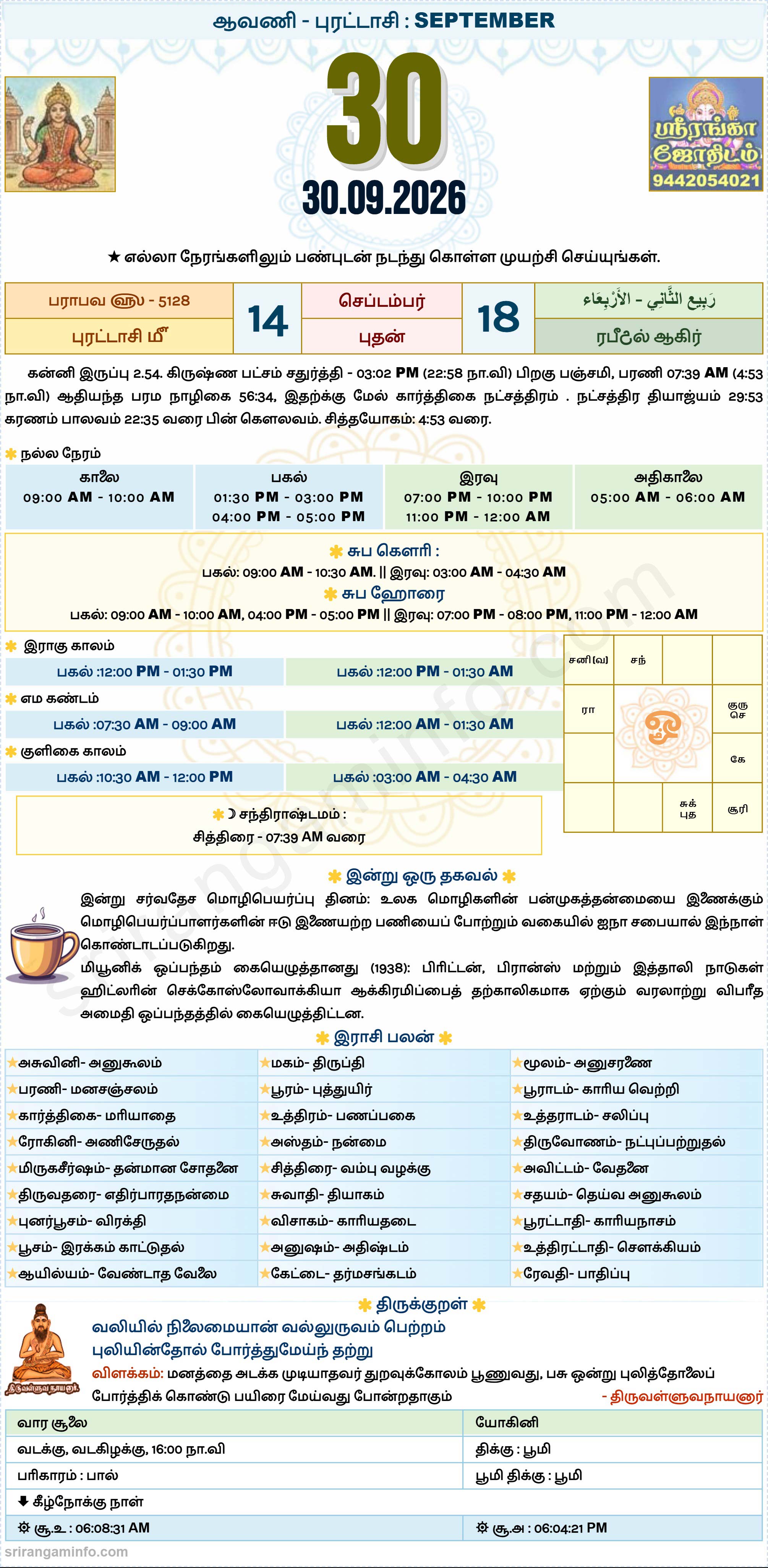Tamil daily Calendar, Tamil Calendar