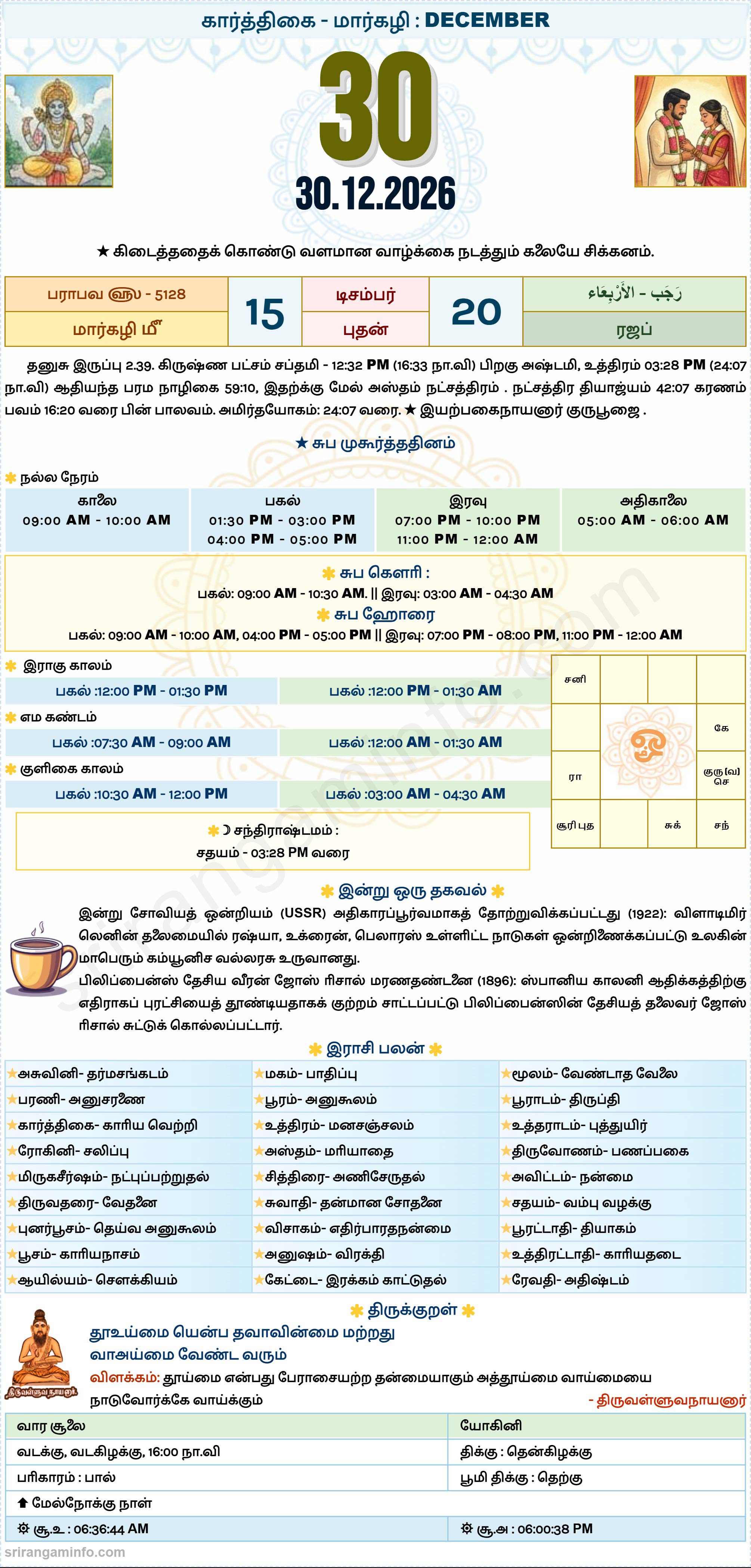 Tamil daily Calendar, Tamil Calendar