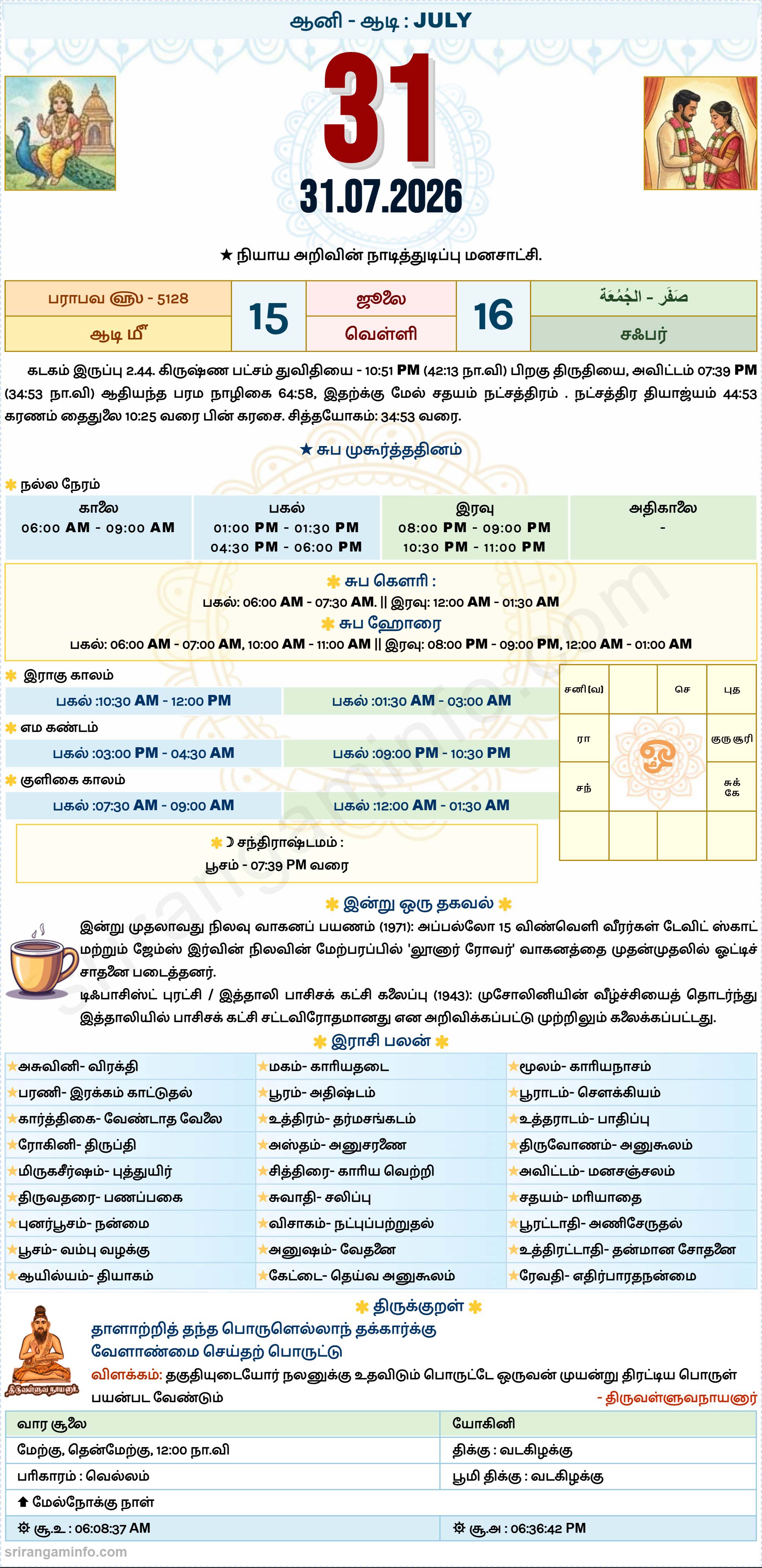 Tamil daily Calendar, Tamil Calendar