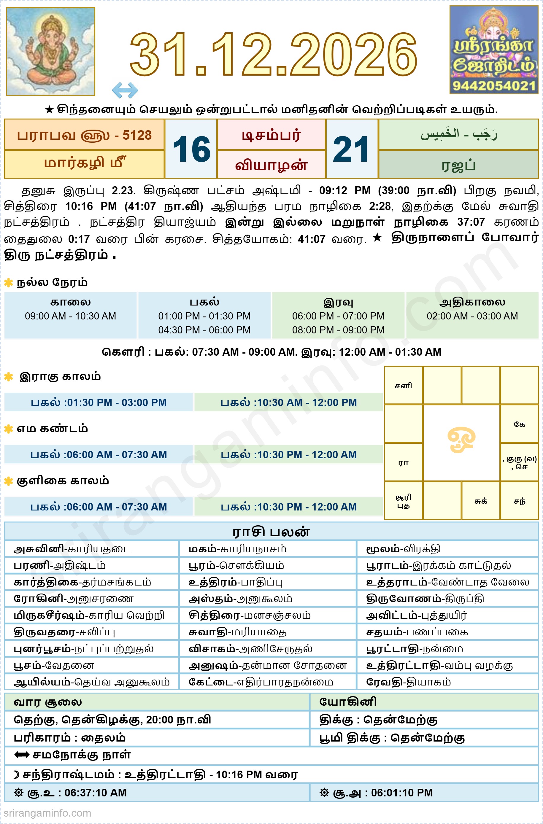 Tamil daily Calendar, Tamil Calendar