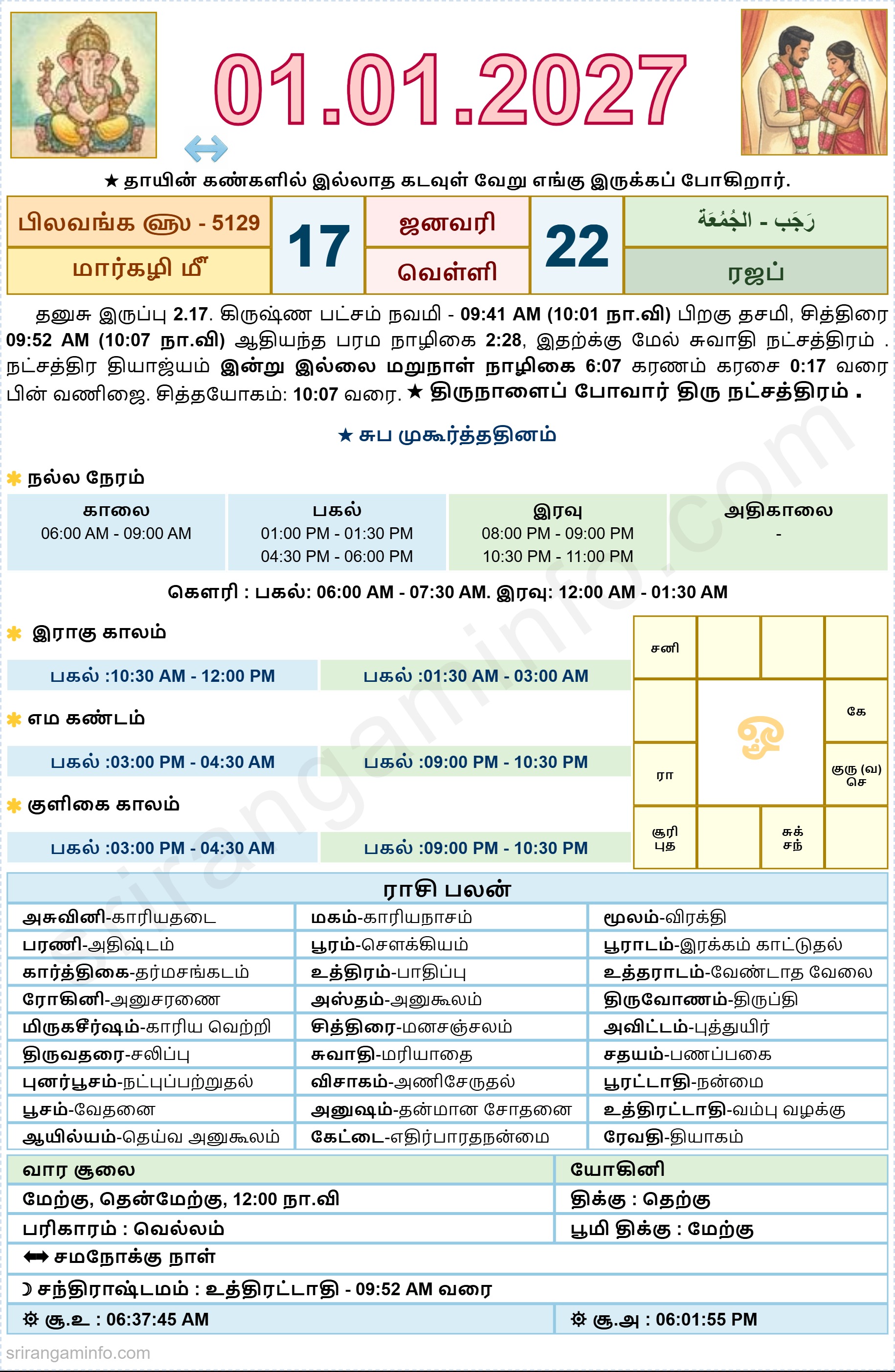 Tamil daily Calendar, Tamil Calendar