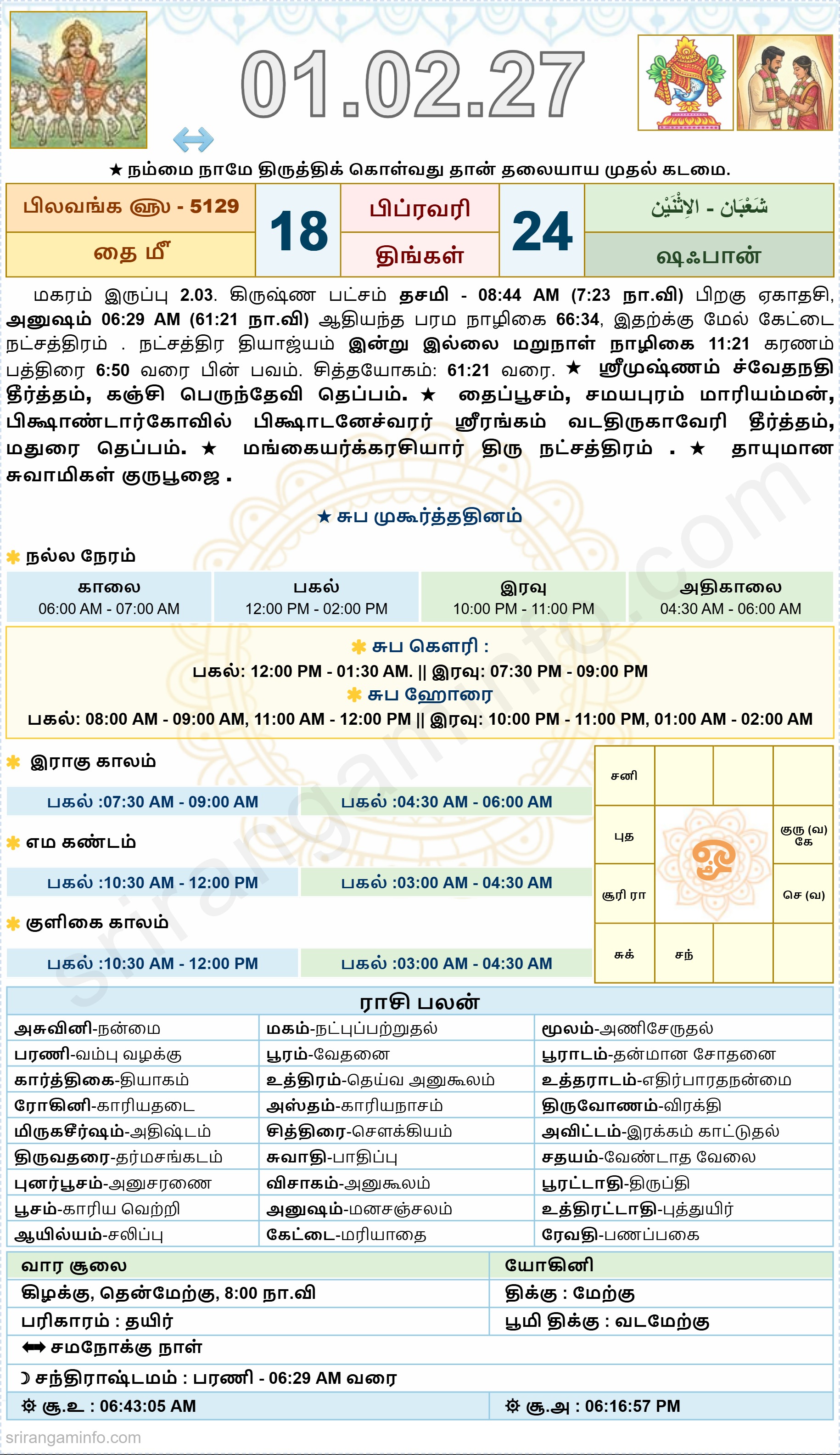 Tamil daily Calendar, Tamil Calendar