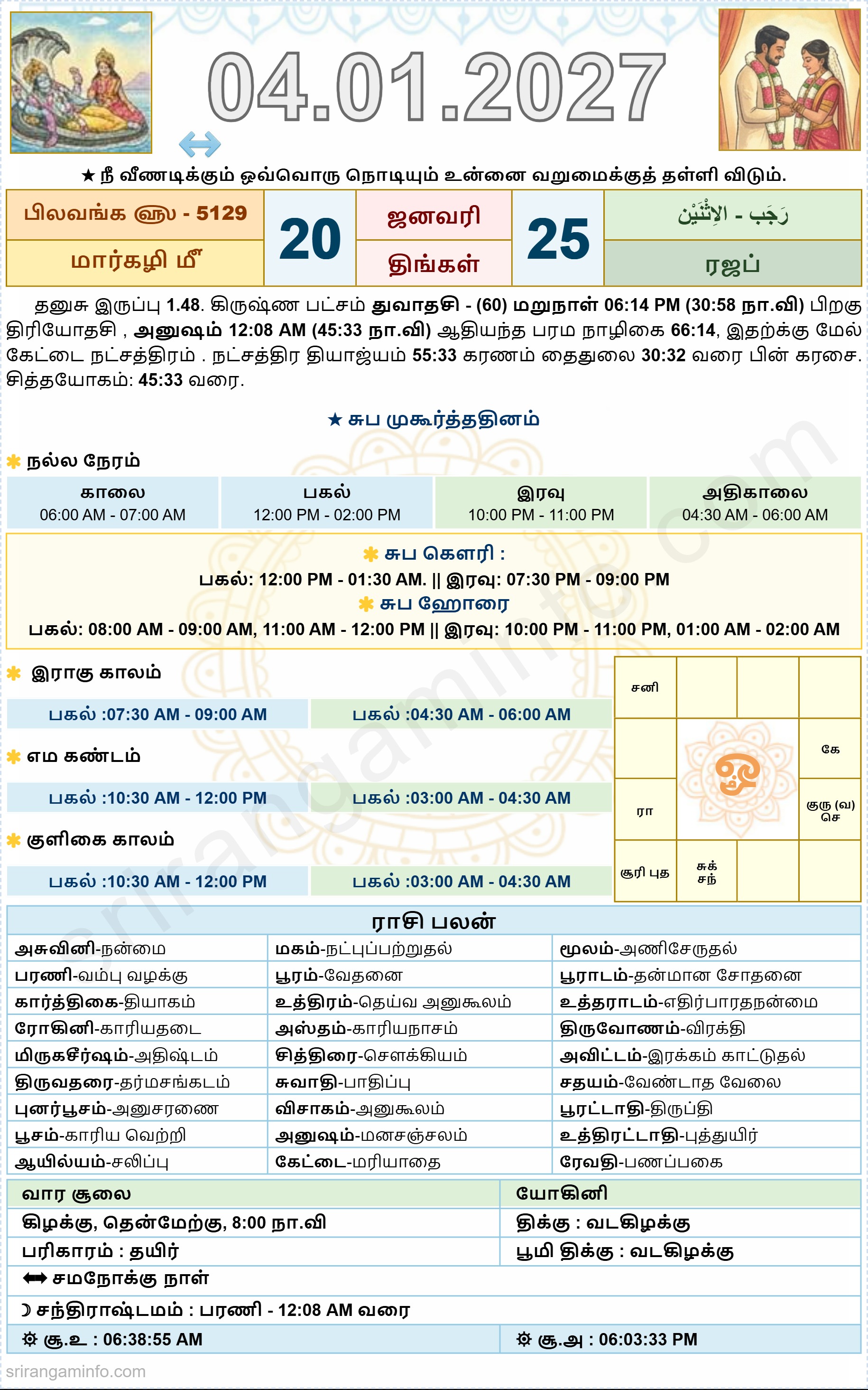 Tamil daily Calendar, Tamil Calendar