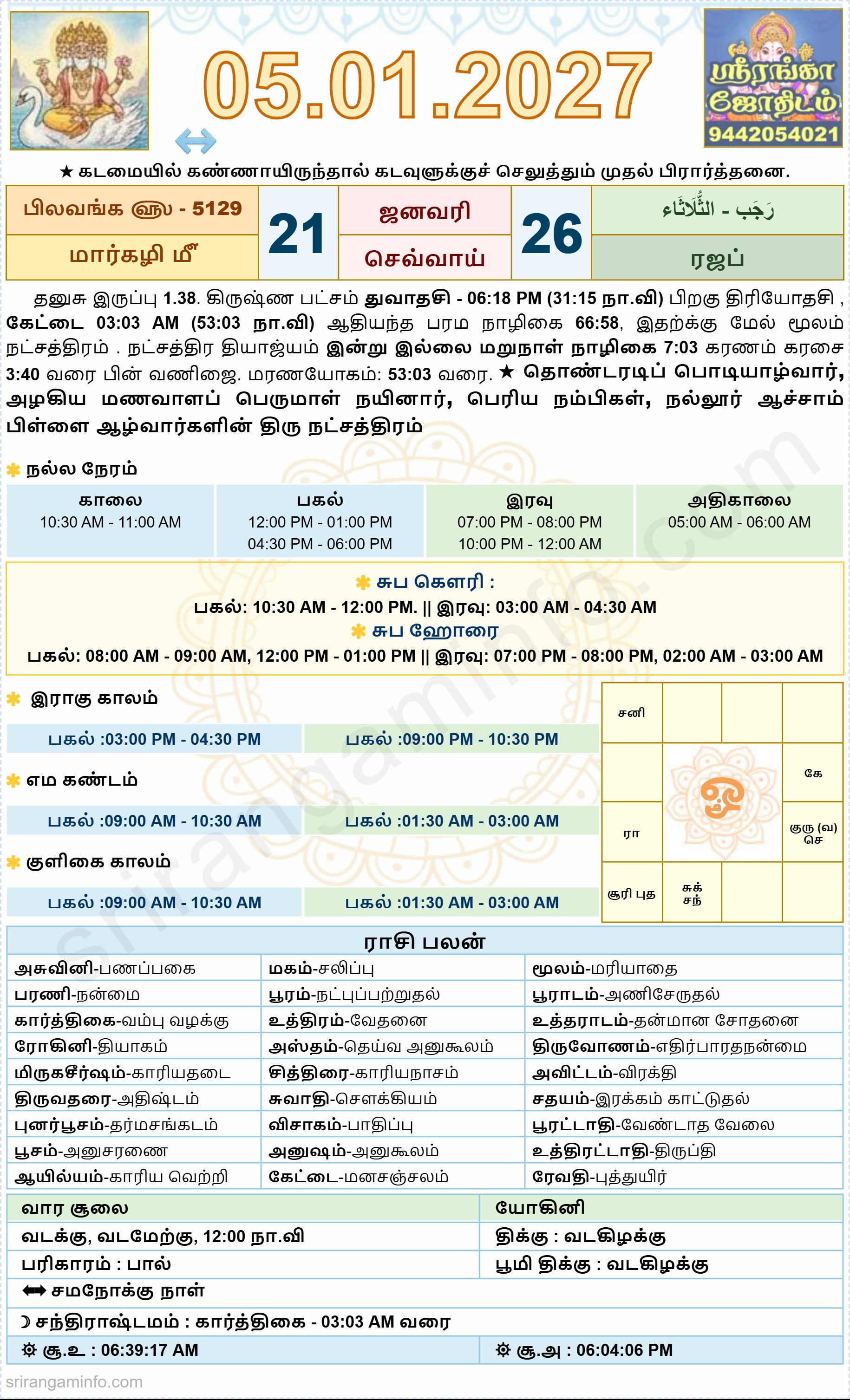 Tamil daily Calendar, Tamil Calendar