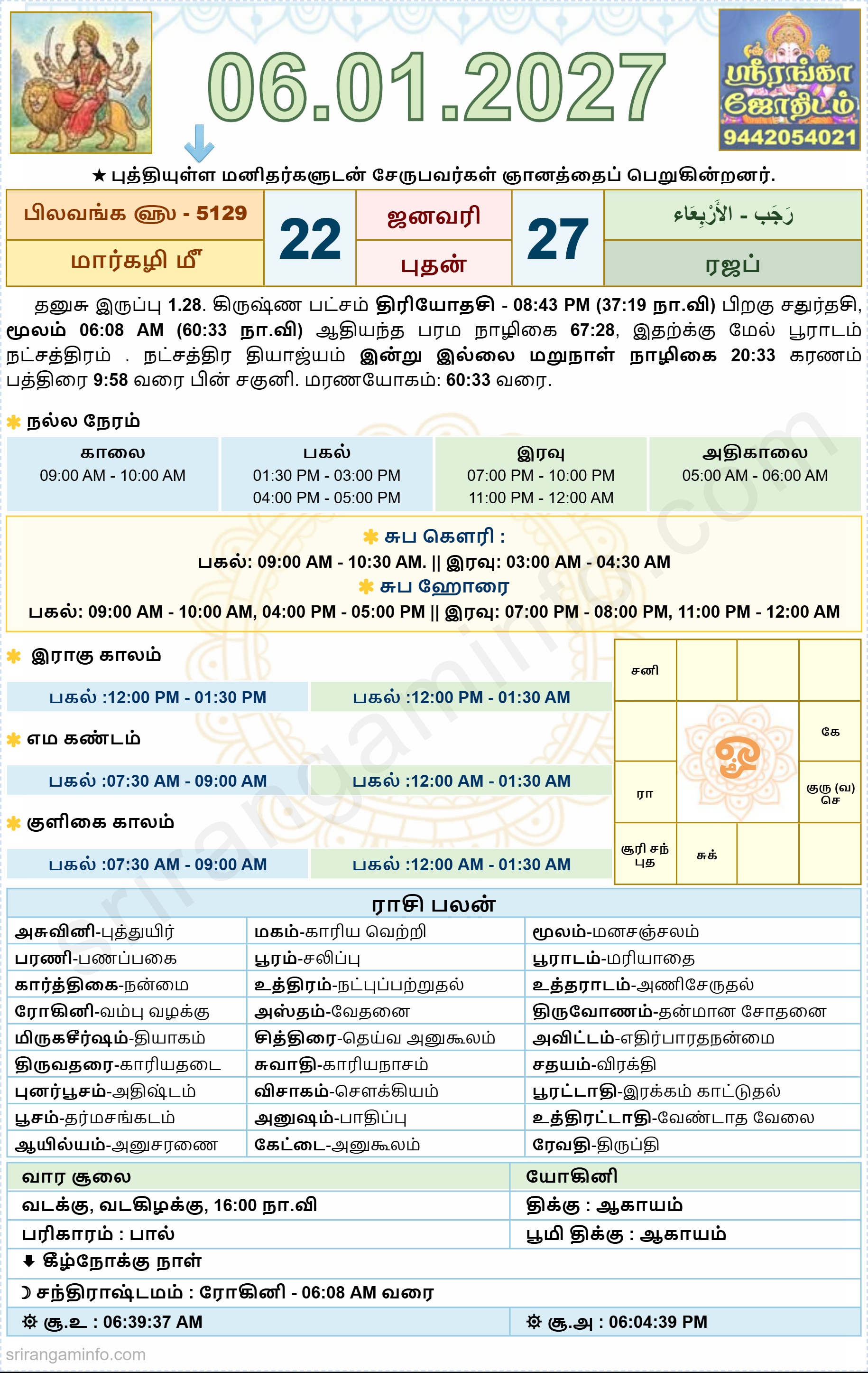 Tamil daily Calendar, Tamil Calendar