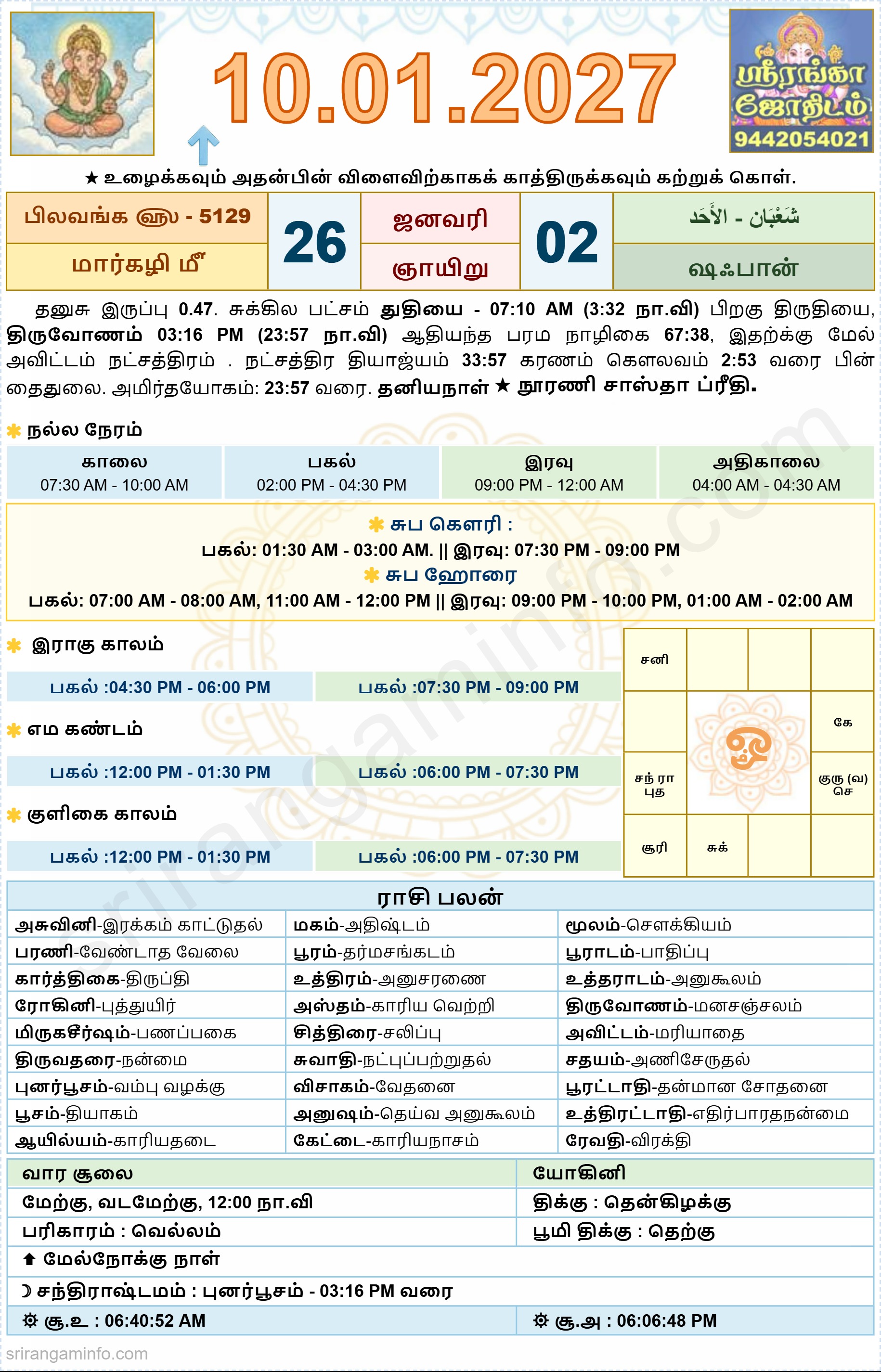 Tamil daily Calendar, Tamil Calendar