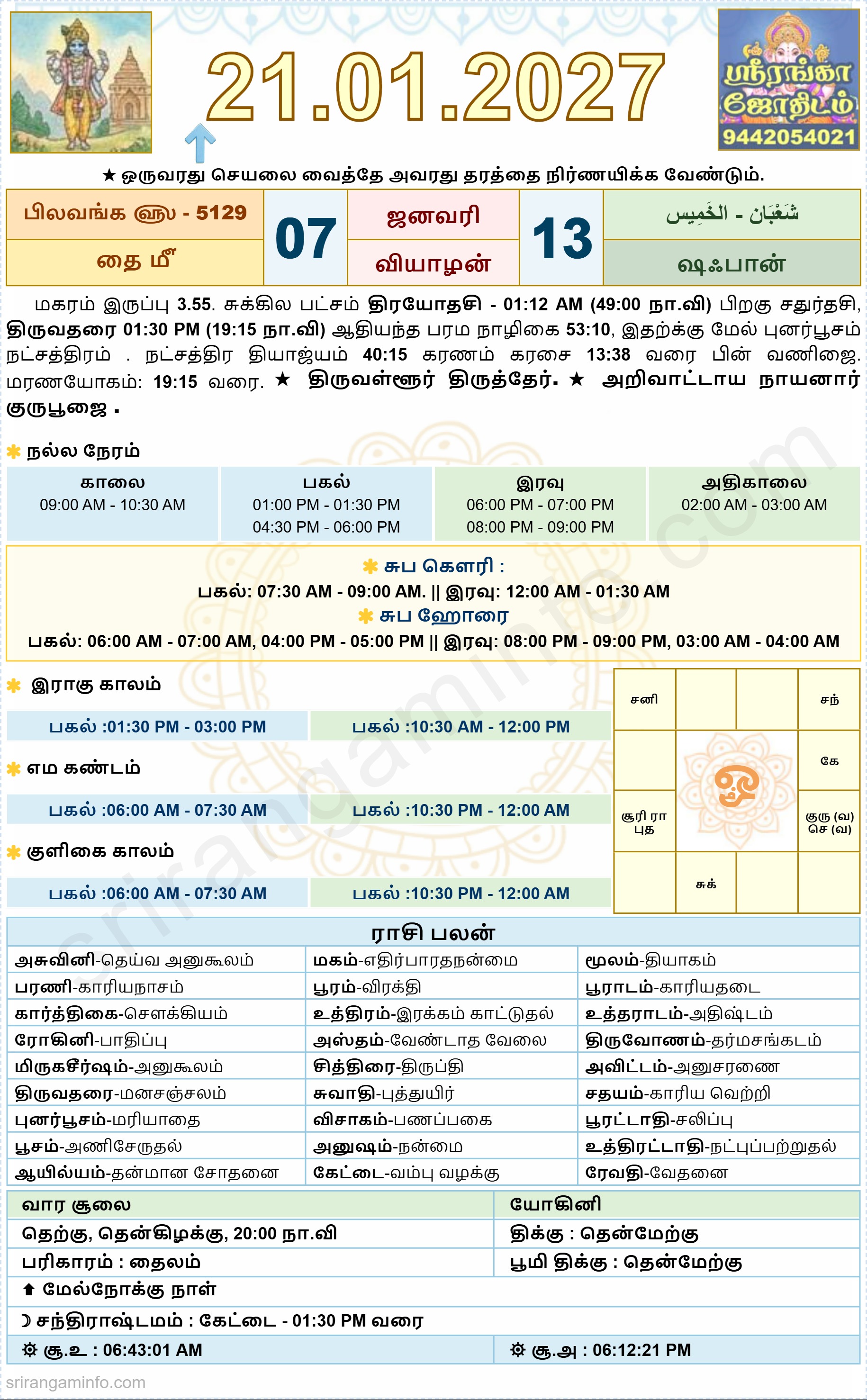 Tamil daily Calendar, Tamil Calendar