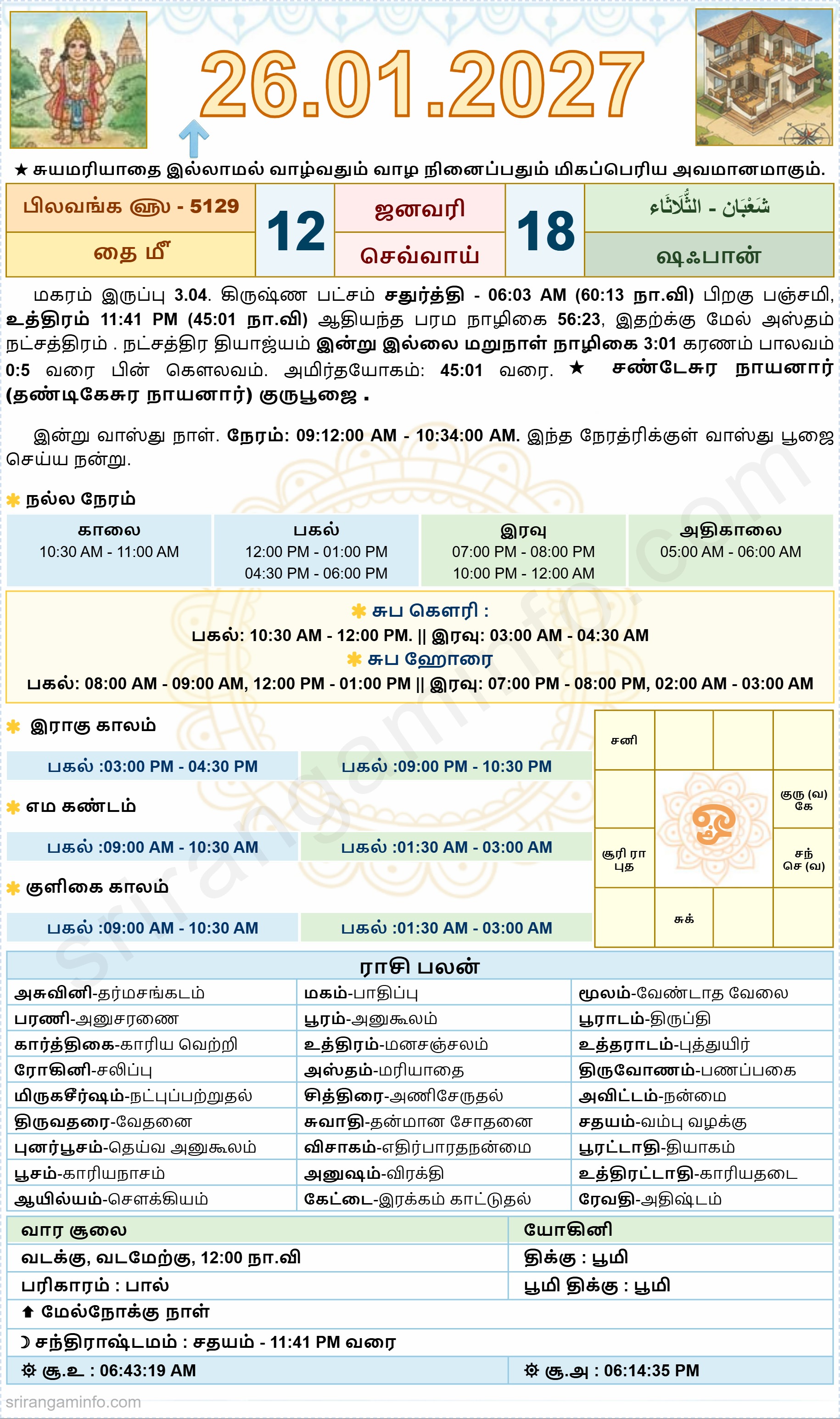 Tamil daily Calendar, Tamil Calendar